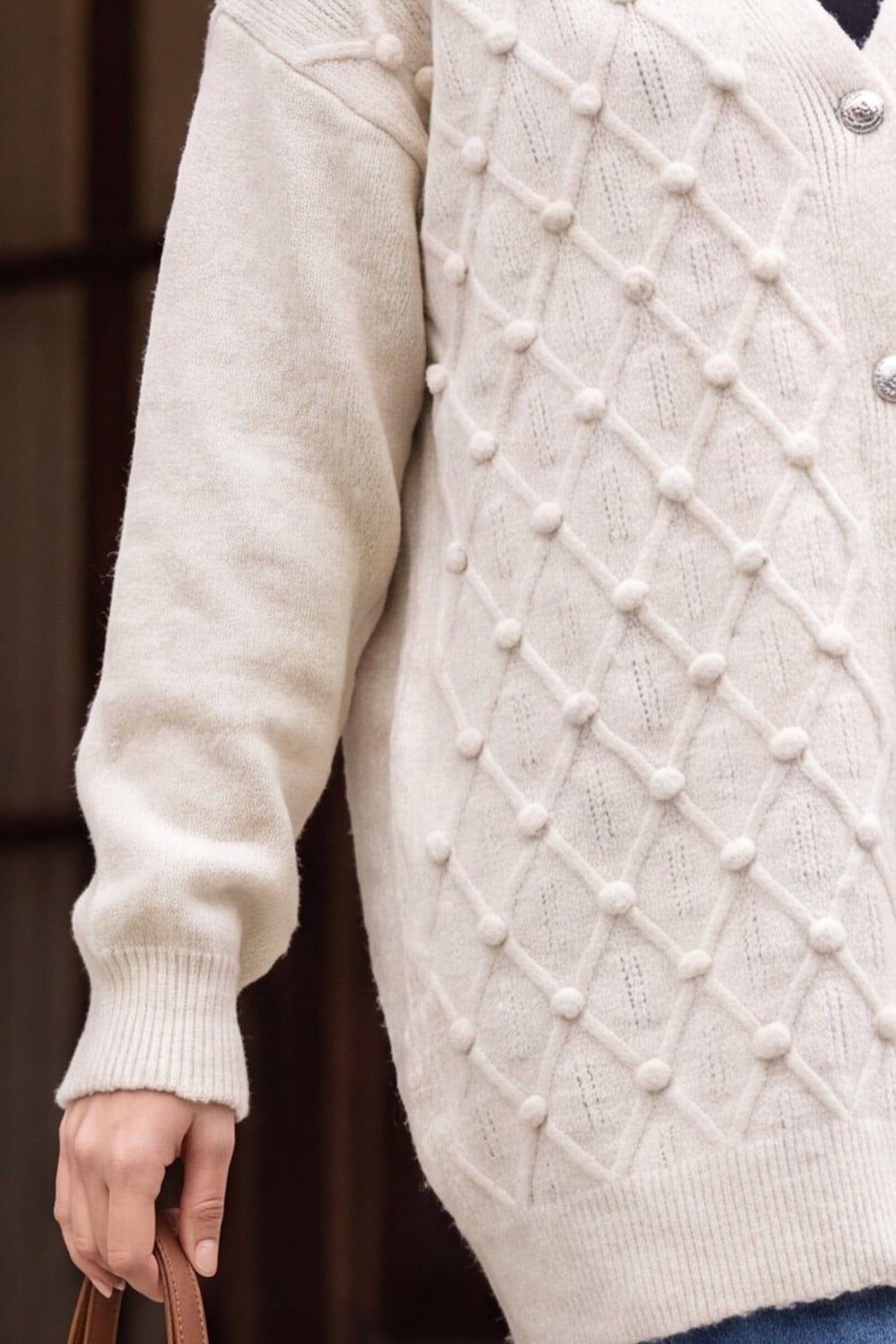 Embroidered Pompom Detail Buttoned Knit Cardigan - Stone Color - Podyumplus - by Peralane - photo 6