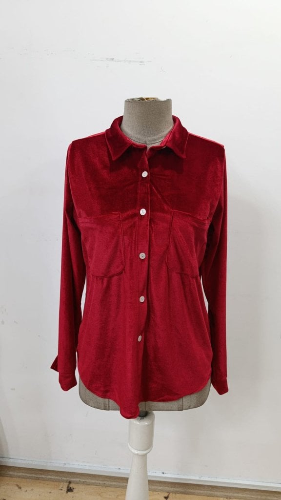 Women's Red Velvet Long Sleeve Collared Button-Front Shirt with Chest Pockets - Janes - by Peralane - photo 4