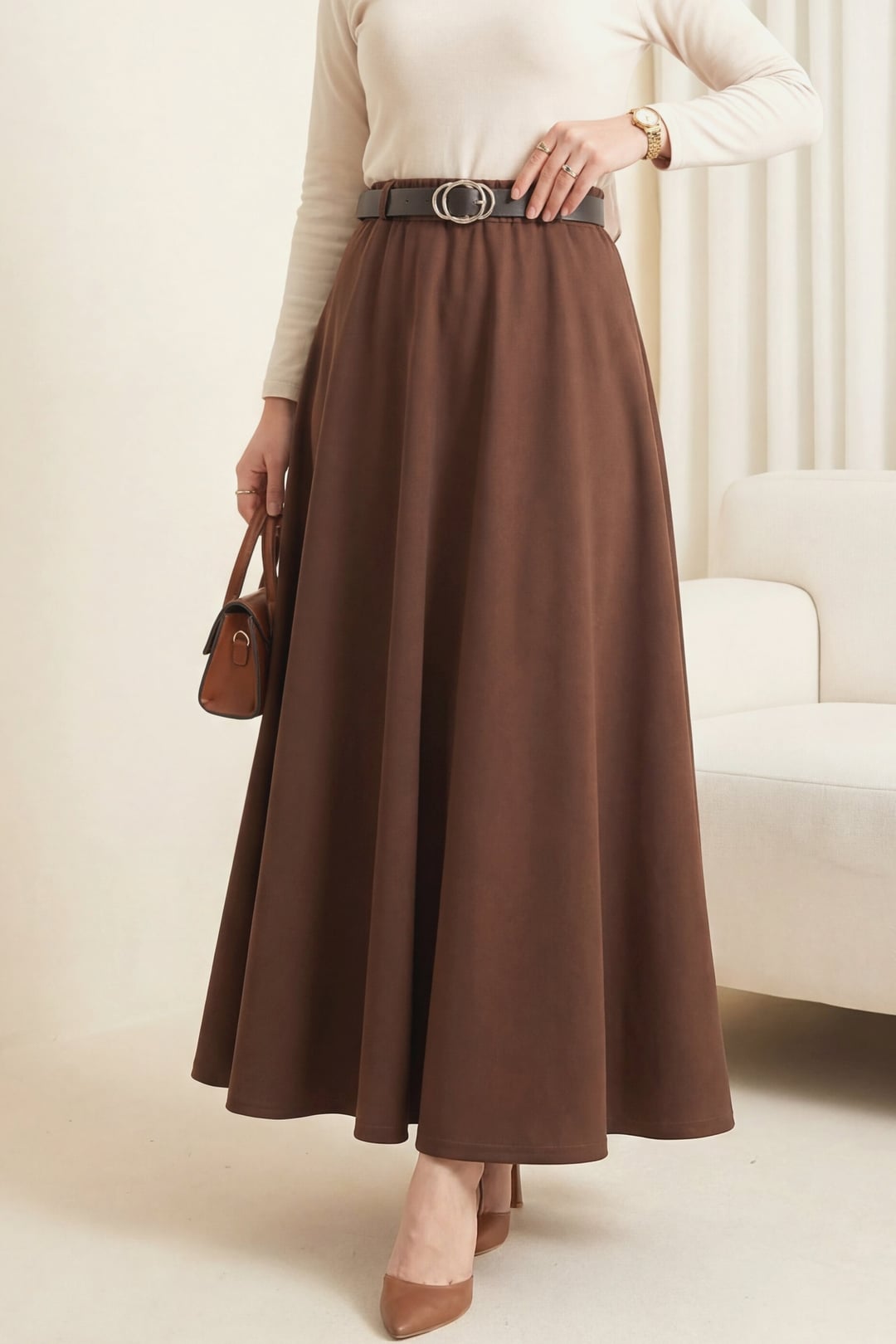 Elasticated Waist Belted Casual Skirt - Brown - Podyumplus - by Peralane