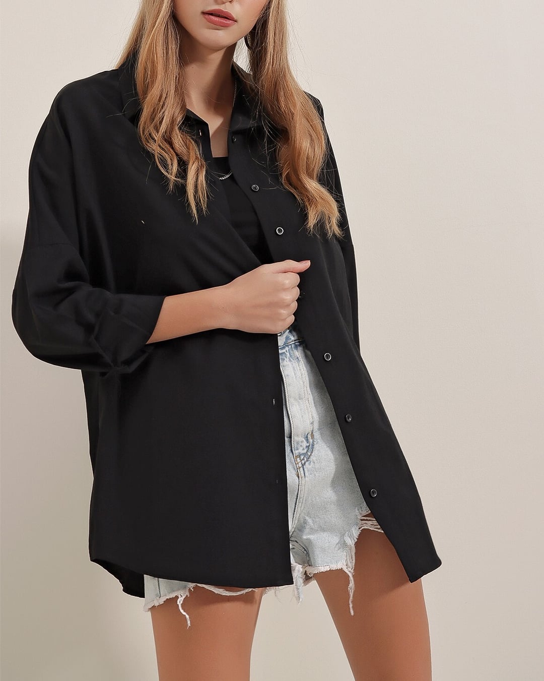 Women's Black Oversize Long Basic Blouse - Bigdart - by Peralane - photo 5