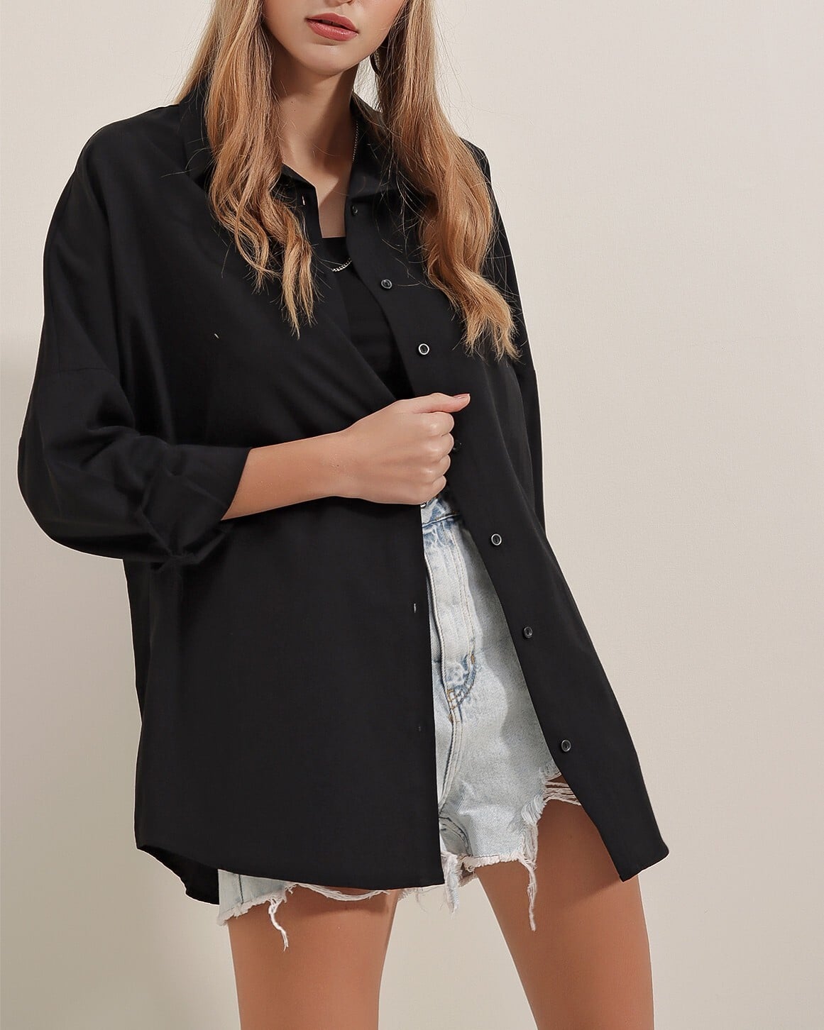 Women's Black Oversize Long Basic Blouse - Bigdart - by Peralane - photo 5