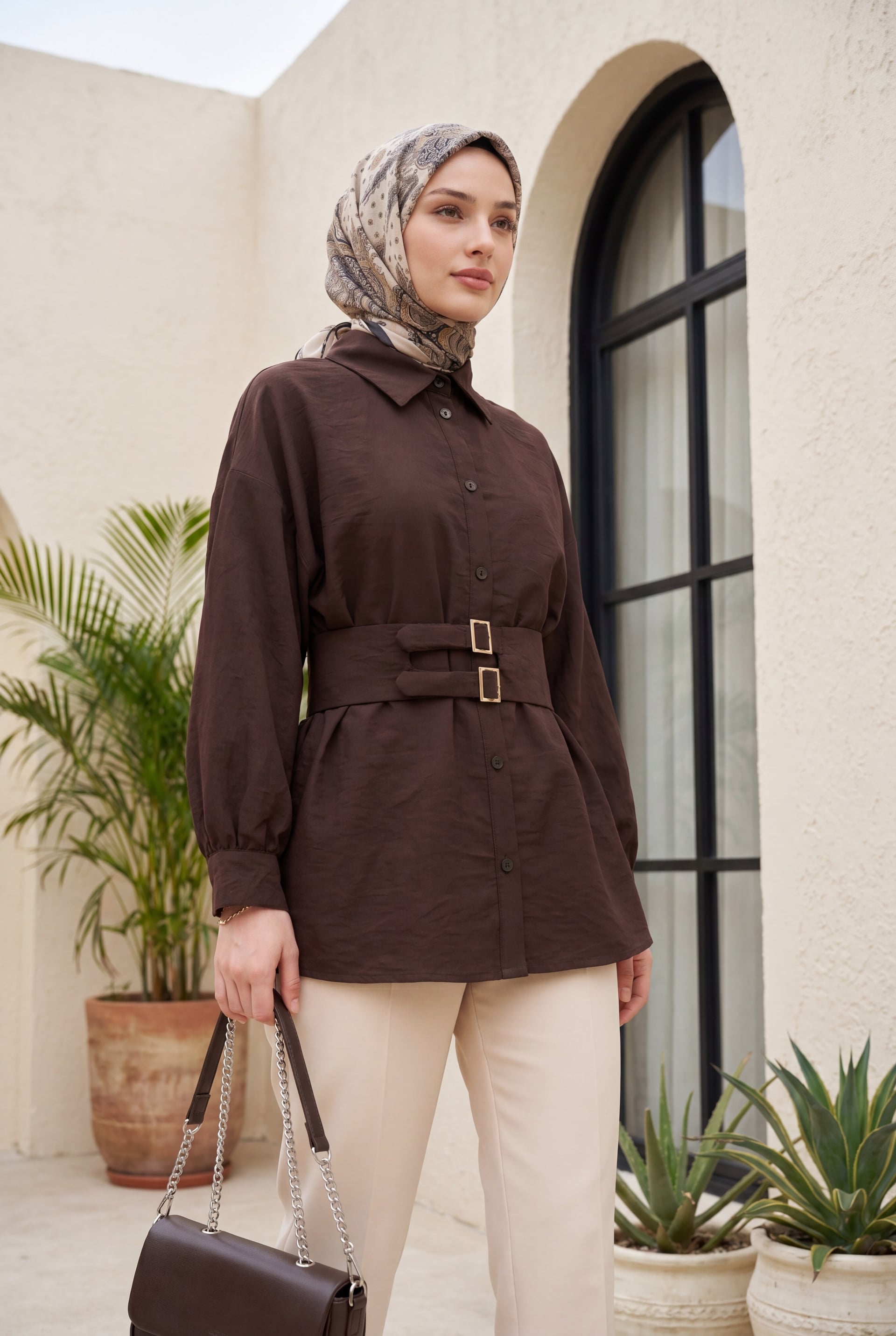 Dark Brown Double Buckle Belted Button-Front Cupro Shirt - Podyumplus - by Peralane - photo 5