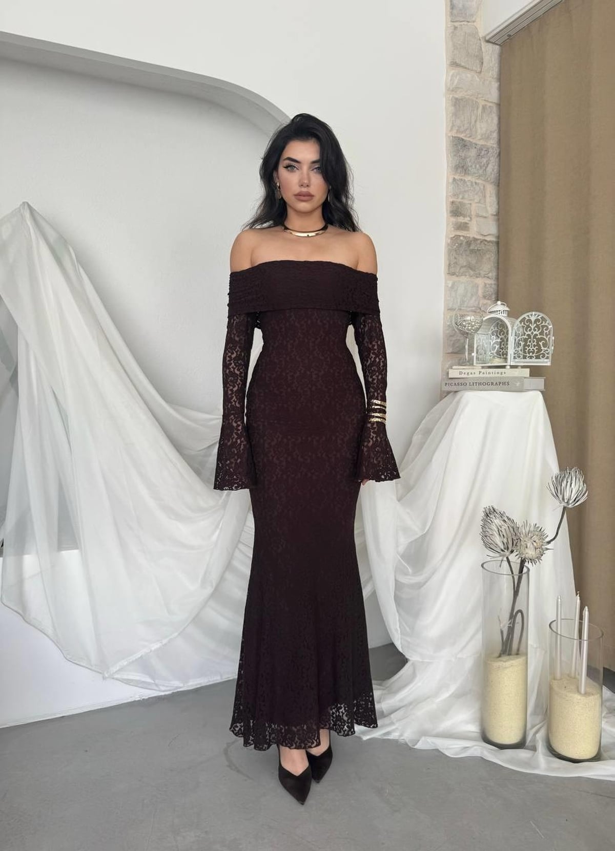 Arya Off-Shoulder Lace Dress in Dark Brown - Etika - by Peralane - photo 8
