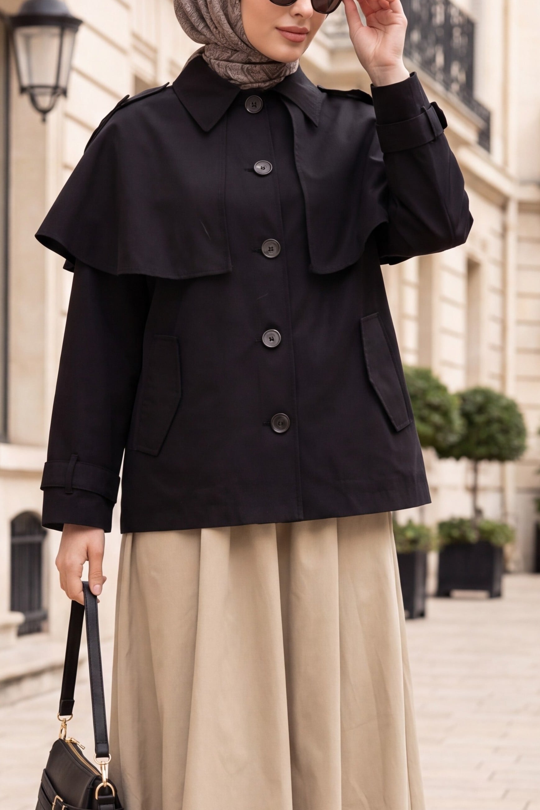 Women's Black Cape Detail Buttoned Lined Jacket - Podyumplus - by Peralane