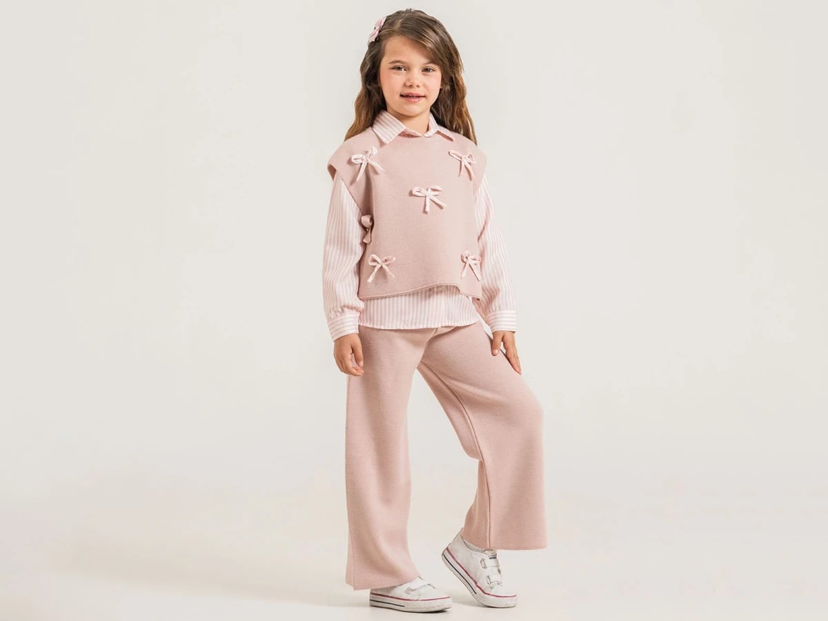 Girls' 3-Piece Knit Set with Striped Shirt and Bow Vest - Pampal Kids - by Peralane