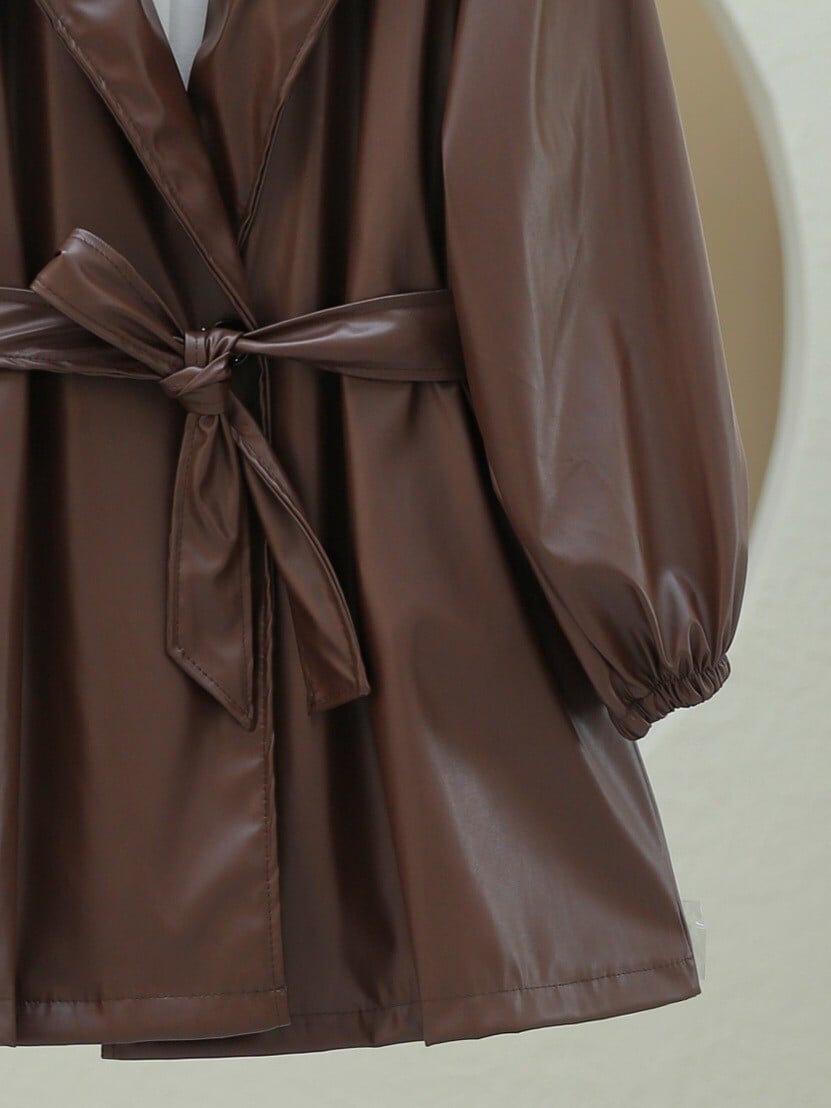 Brown Faux Leather Jacket with Tie Belt - Podyumplus - by Peralane - photo 3