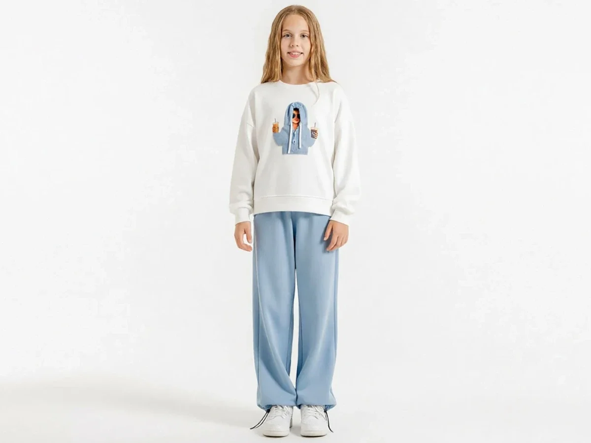 Girls' Printed Pocket Sweatshirt and Trousers Set - Light Blue - ÖZ Bebe - by Peralane
