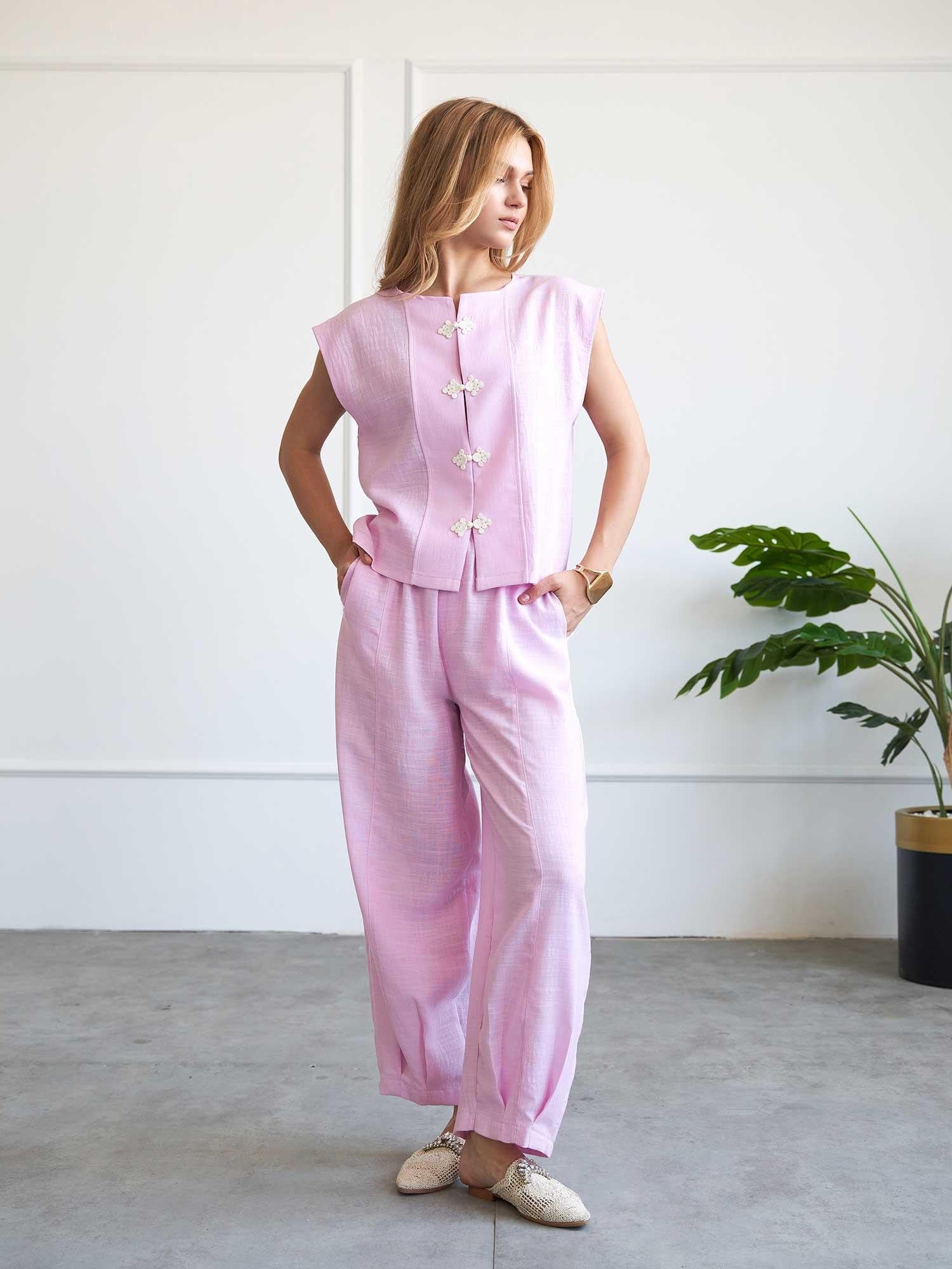 Light Pink Mandarin Collar Linen Blend Two-Piece Set for Women - Lefon - by Peralane - photo 6