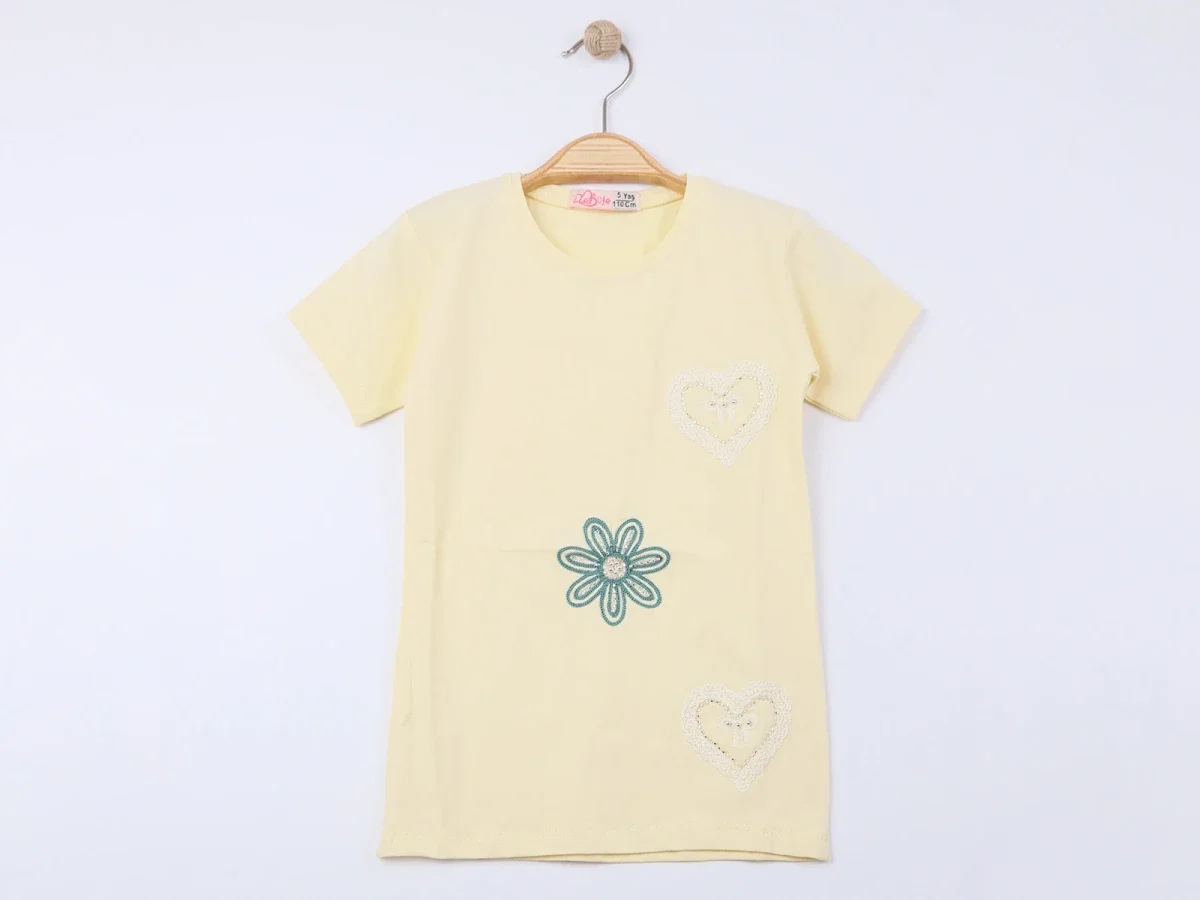 Girls' Heart Applique T-Shirt - Pale Yellow - Pack of 4 - Elsa - by Peralane