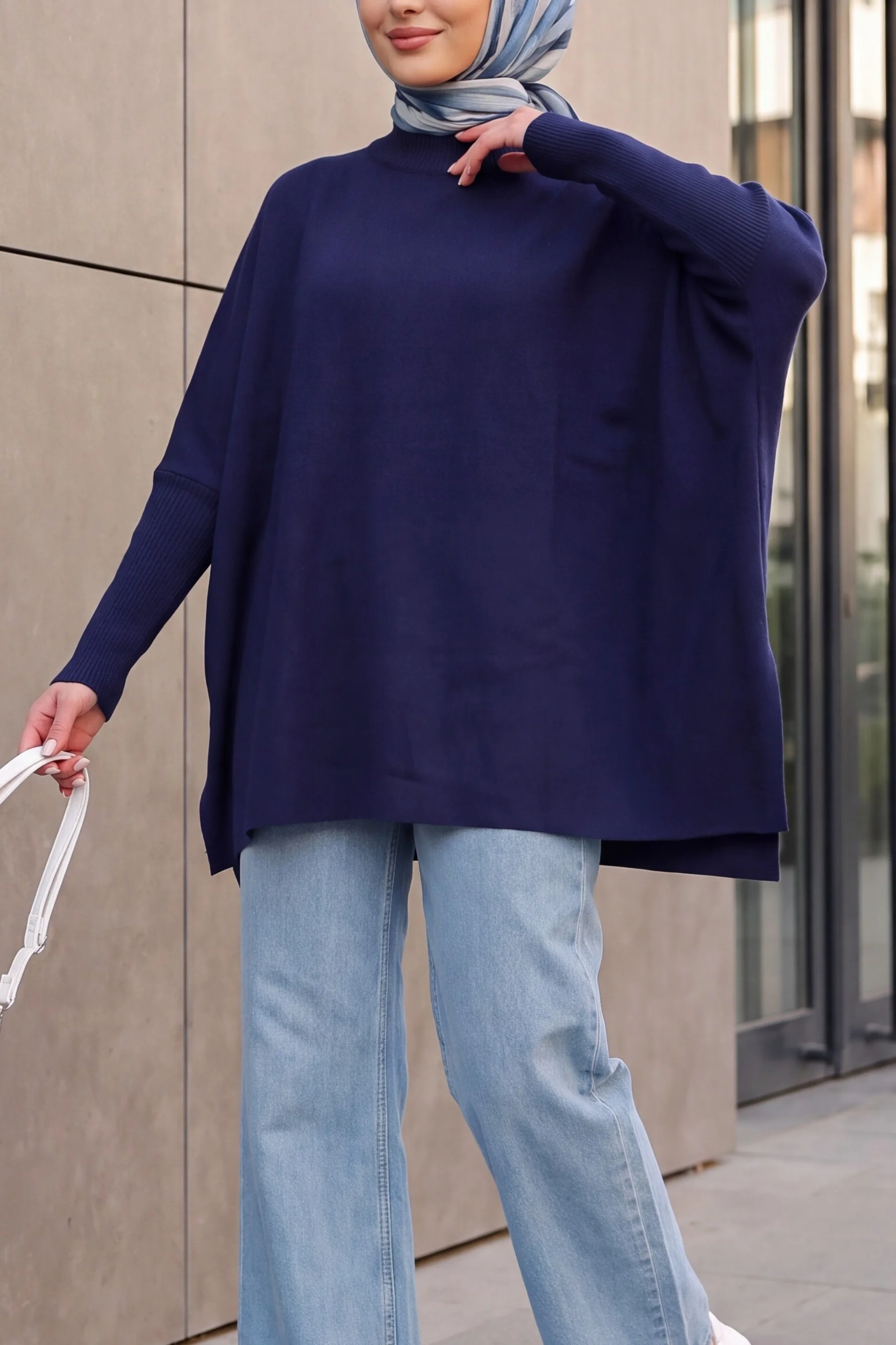 Side Slit Oversize Poncho Knit Sweater - Navy Blue - Wholeskop - by Peralane