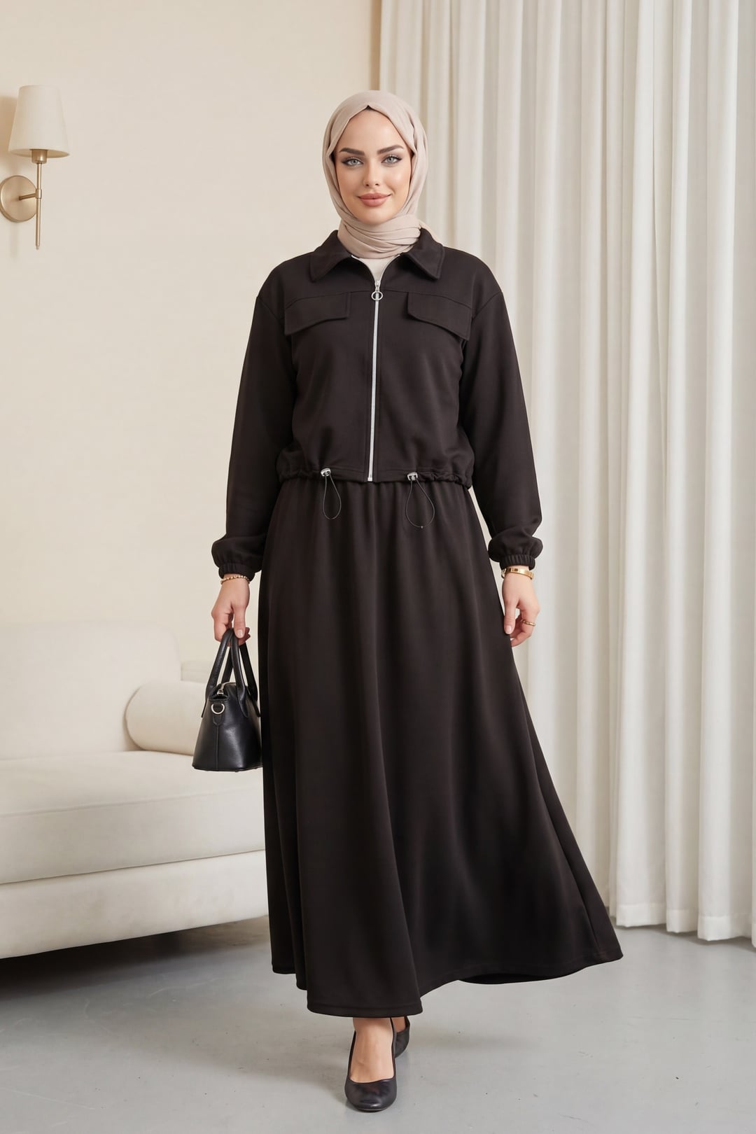 Zip-Front Collared Jacket and A-Line Skirt Two-Piece Modest Set - Dark Brown - Podyumplus - by Peralane - photo 4