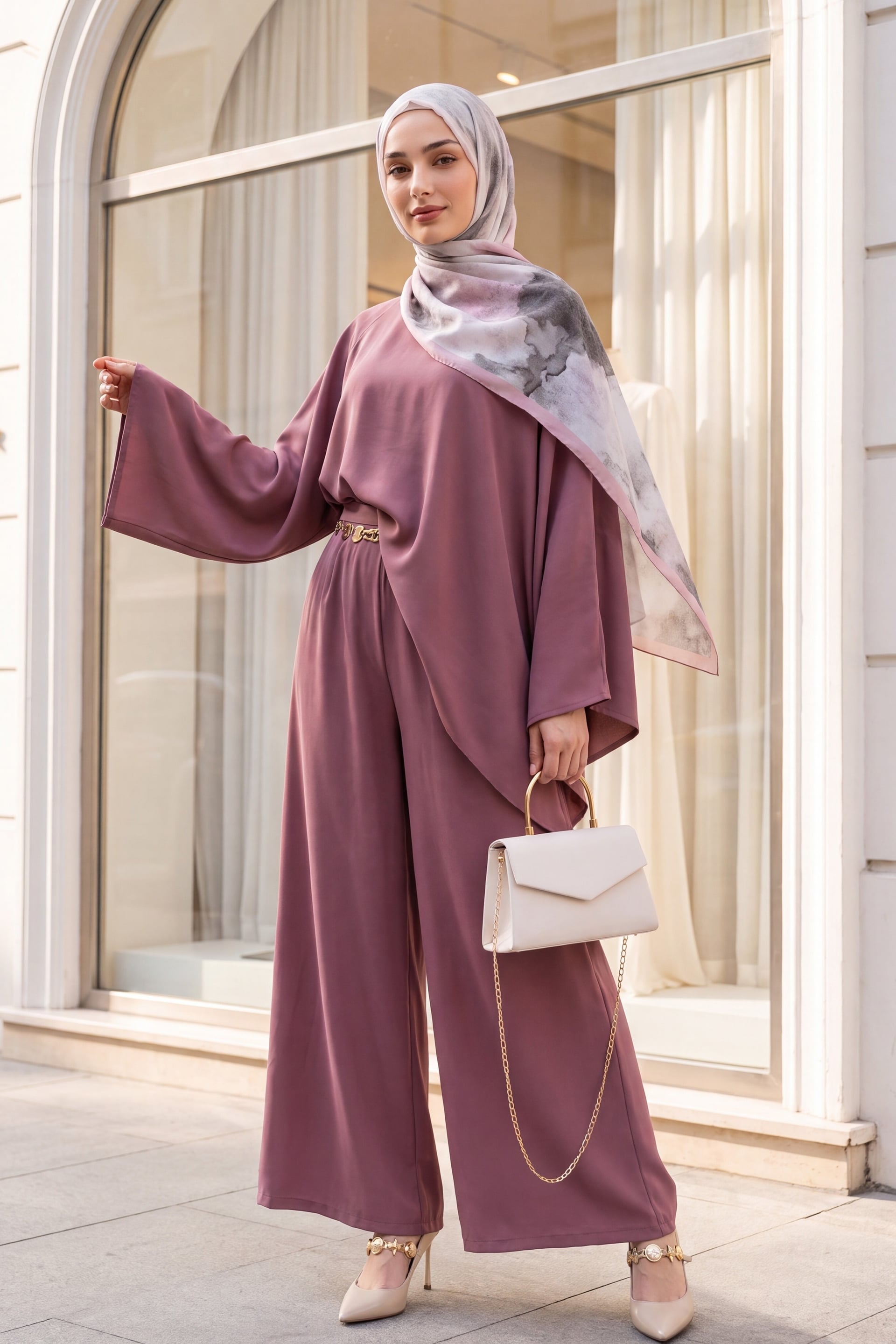 Asymmetric Cut Wide Sleeve Wide-Leg Trousers Belted Modal Set - Rose - Podyumplus - by Peralane - photo 3