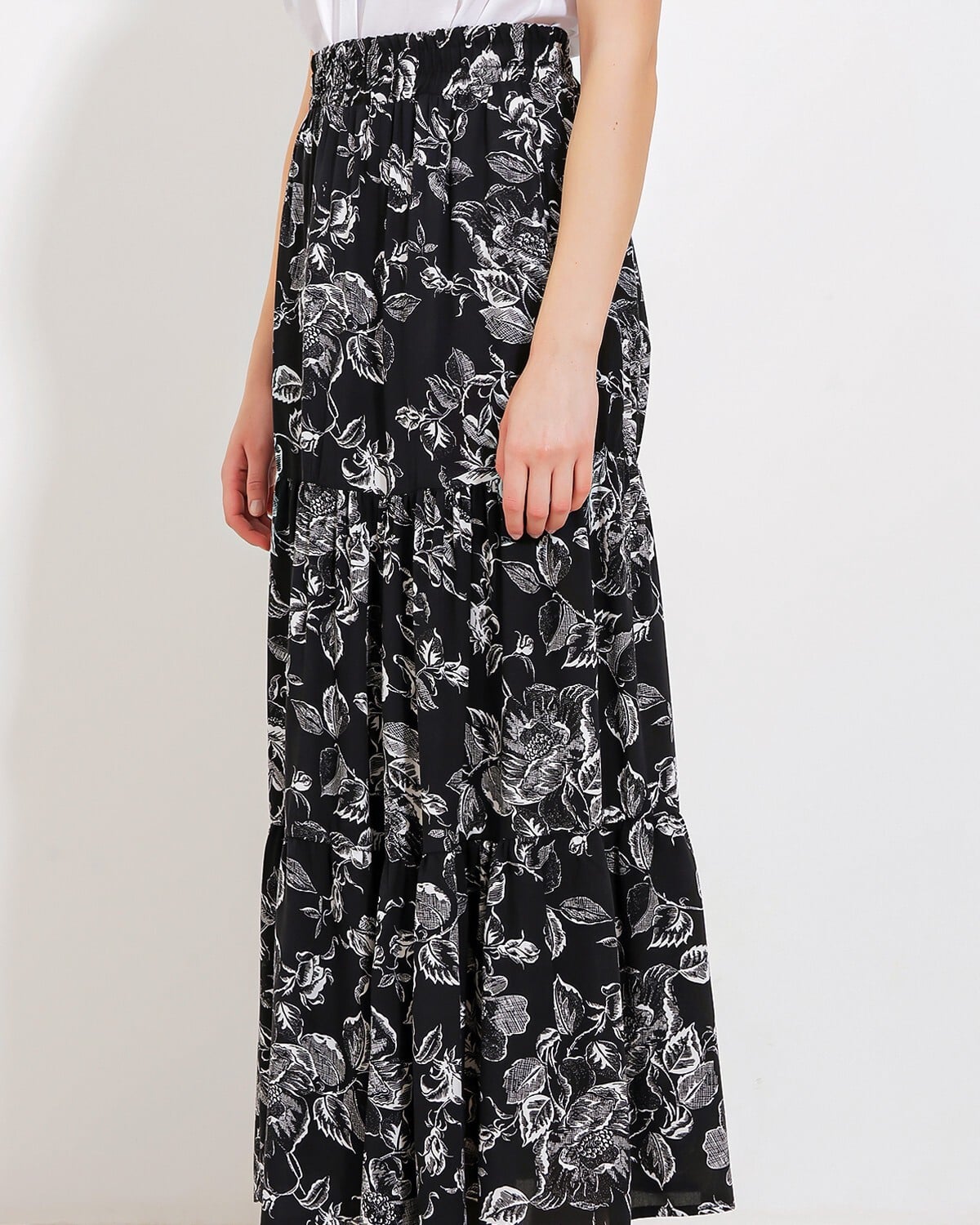 Women's Black Floral Print Long Viscose Skirt with Matching Bow Blouse Set - Bigdart - by Peralane - photo 4