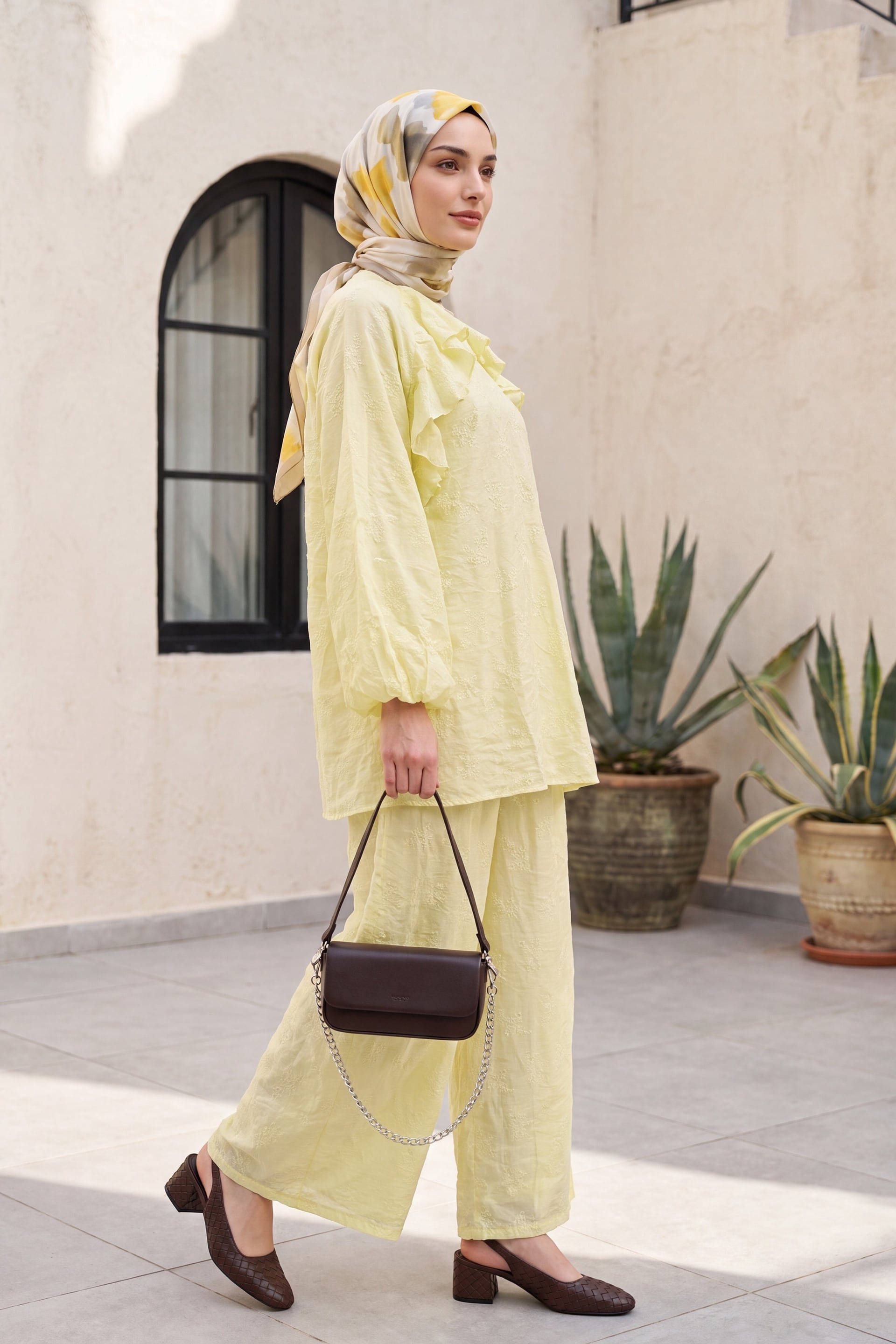 Yellow Bicycle Neck Ruffle Front Lined Voile Two-Piece Set - Podyumplus - by Peralane - photo 2
