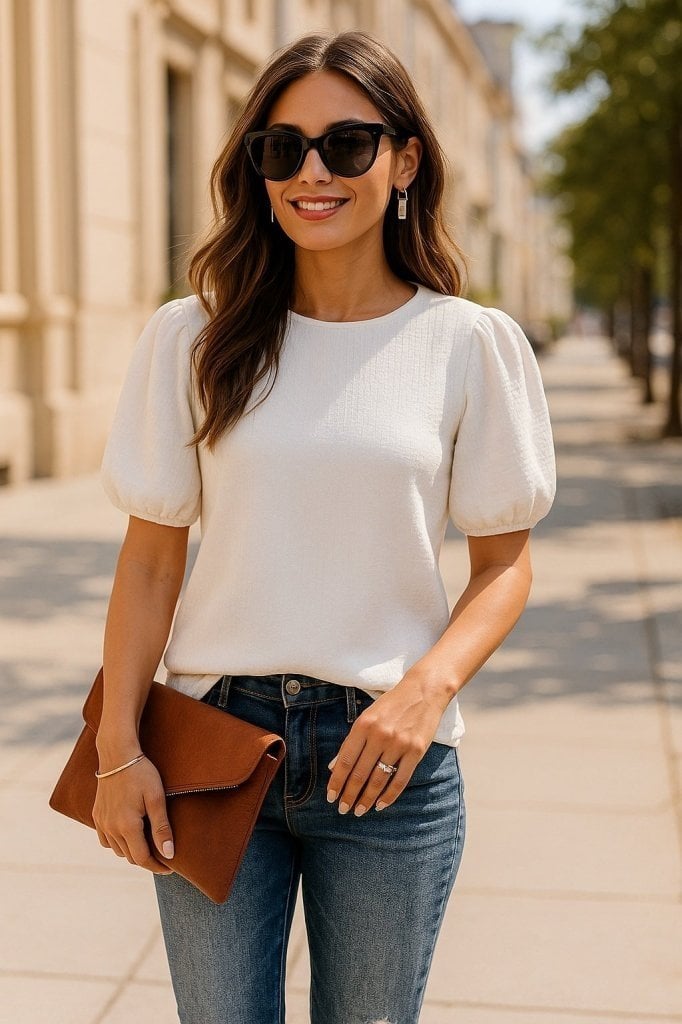 Women's White Short Sleeve Pleated Puff Sleeve Crepe Blouse - Janes - by Peralane - photo 2