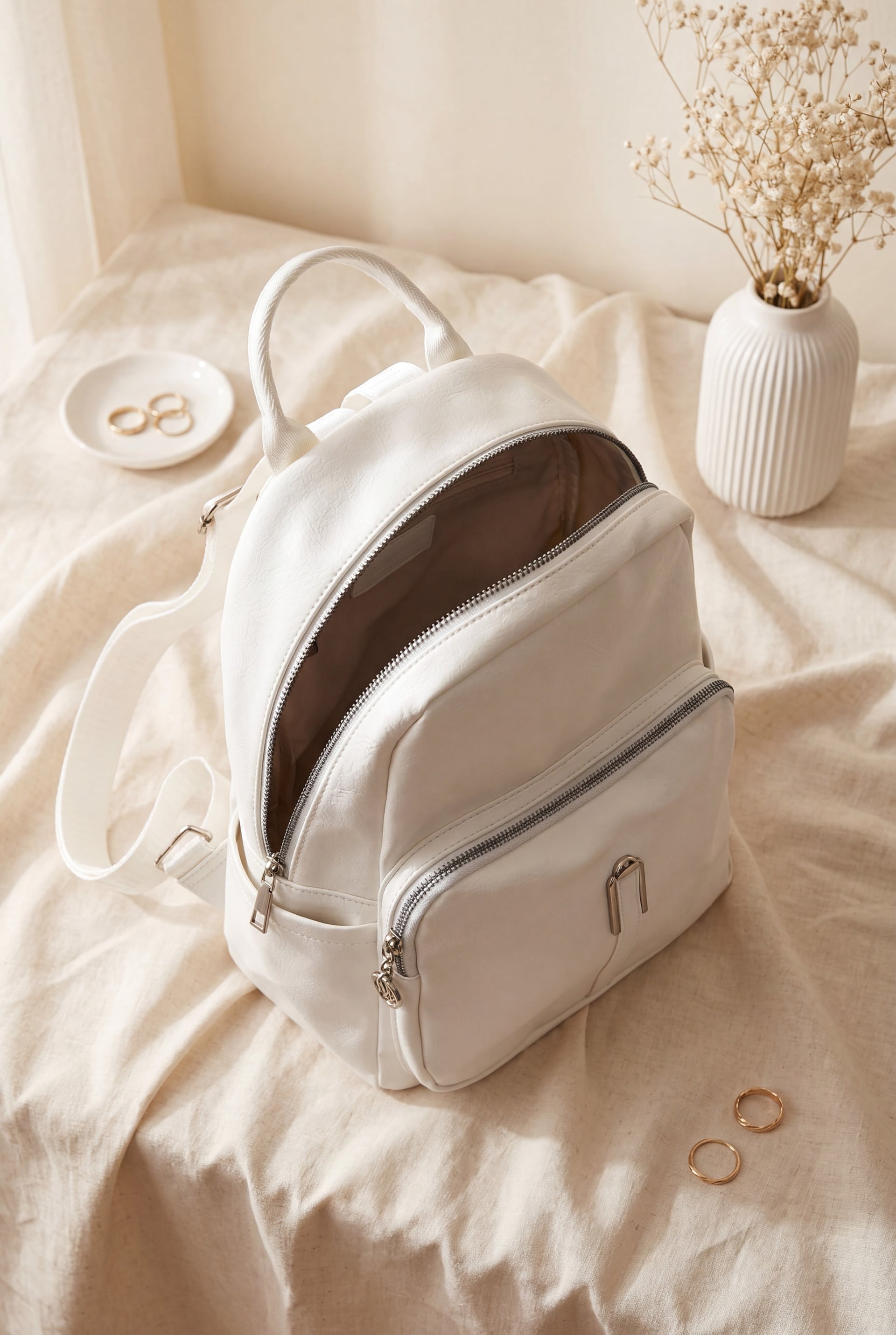 White Faux Leather Backpack with Woven Straps - Podyumplus - by Peralane - photo 2