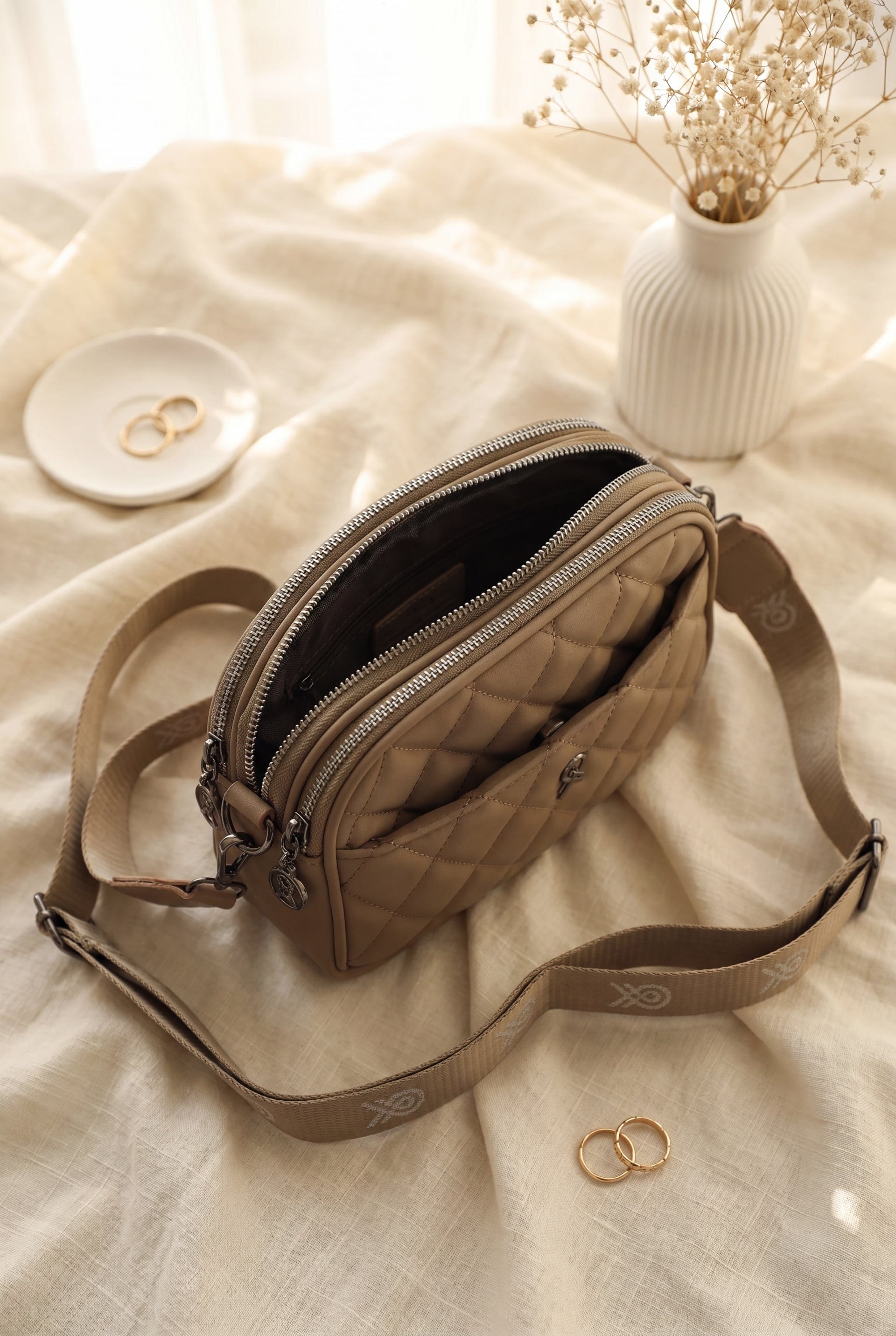 3-Compartment Quilted Zippered Crossbody Bag - Light Brown - Podyumplus - by Peralane - photo 2