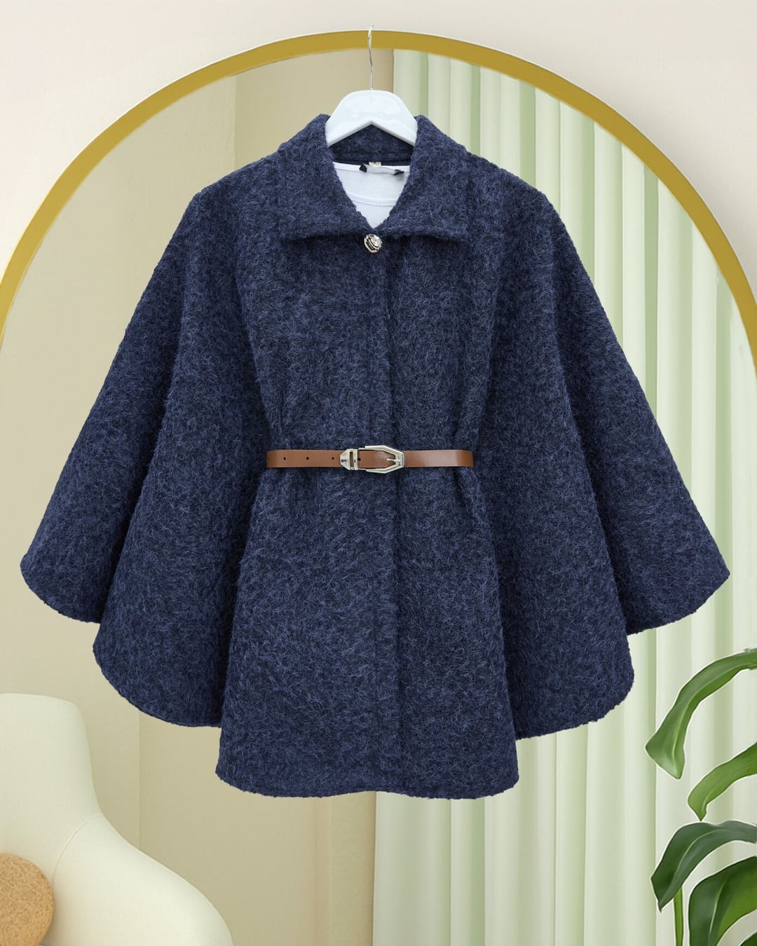 Single Button Belted Fringe Poncho - Navy - Podyumplus - by Peralane - photo 4