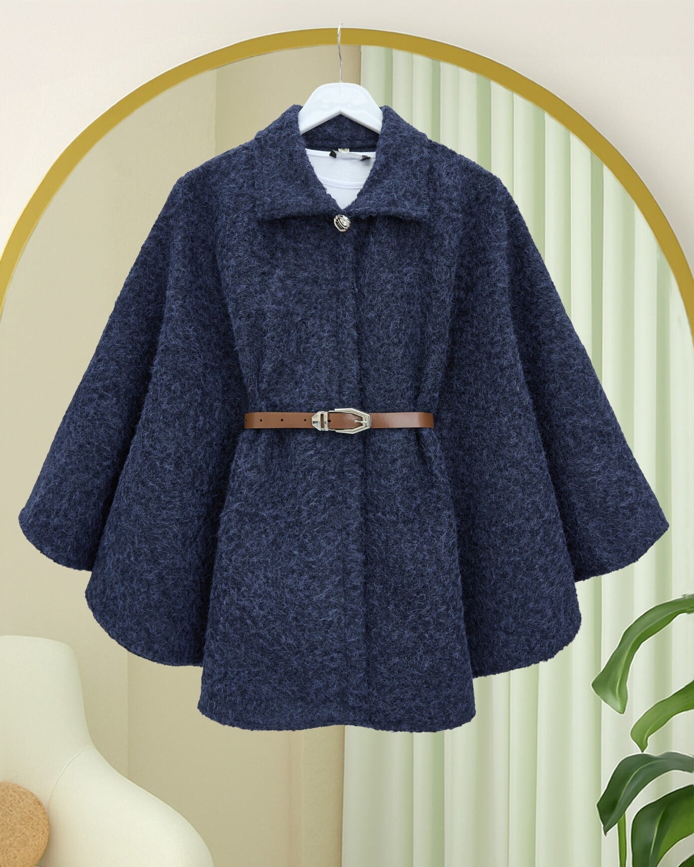 Single Button Belted Fringe Poncho - Navy - Podyumplus - by Peralane - photo 4