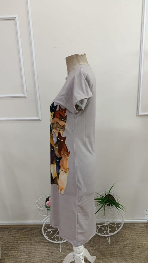 Cat Print Crew Neck Short-Sleeve Midi Viscose Dress - Janes - by Peralane - photo 6