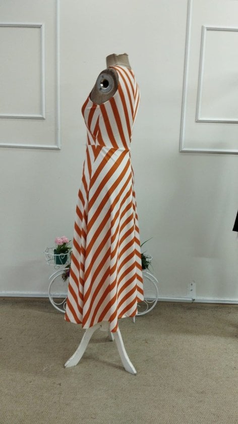 Women's Sleeveless V-Neck Wrap Midi Dress with Orange and White Stripes - Janes - by Peralane - photo 6