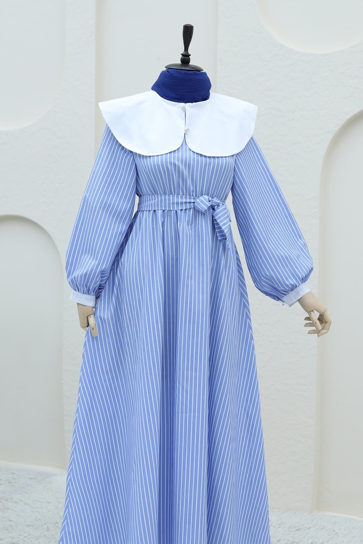Blue Striped Peter Pan Collar Long Dress with Tie Belt - Podyumplus - by Peralane - photo 3