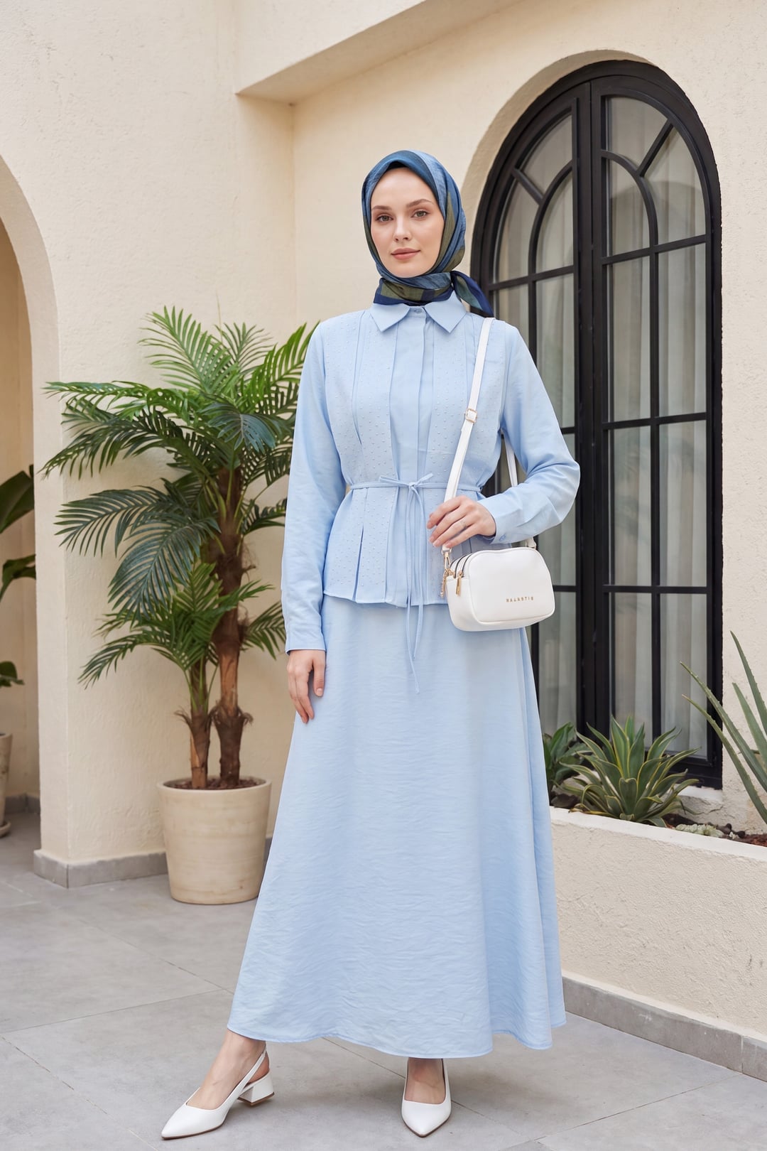 Stone Detail Belted Skirt Polyviscose Set - Baby Blue - Podyumplus - by Peralane - photo 2