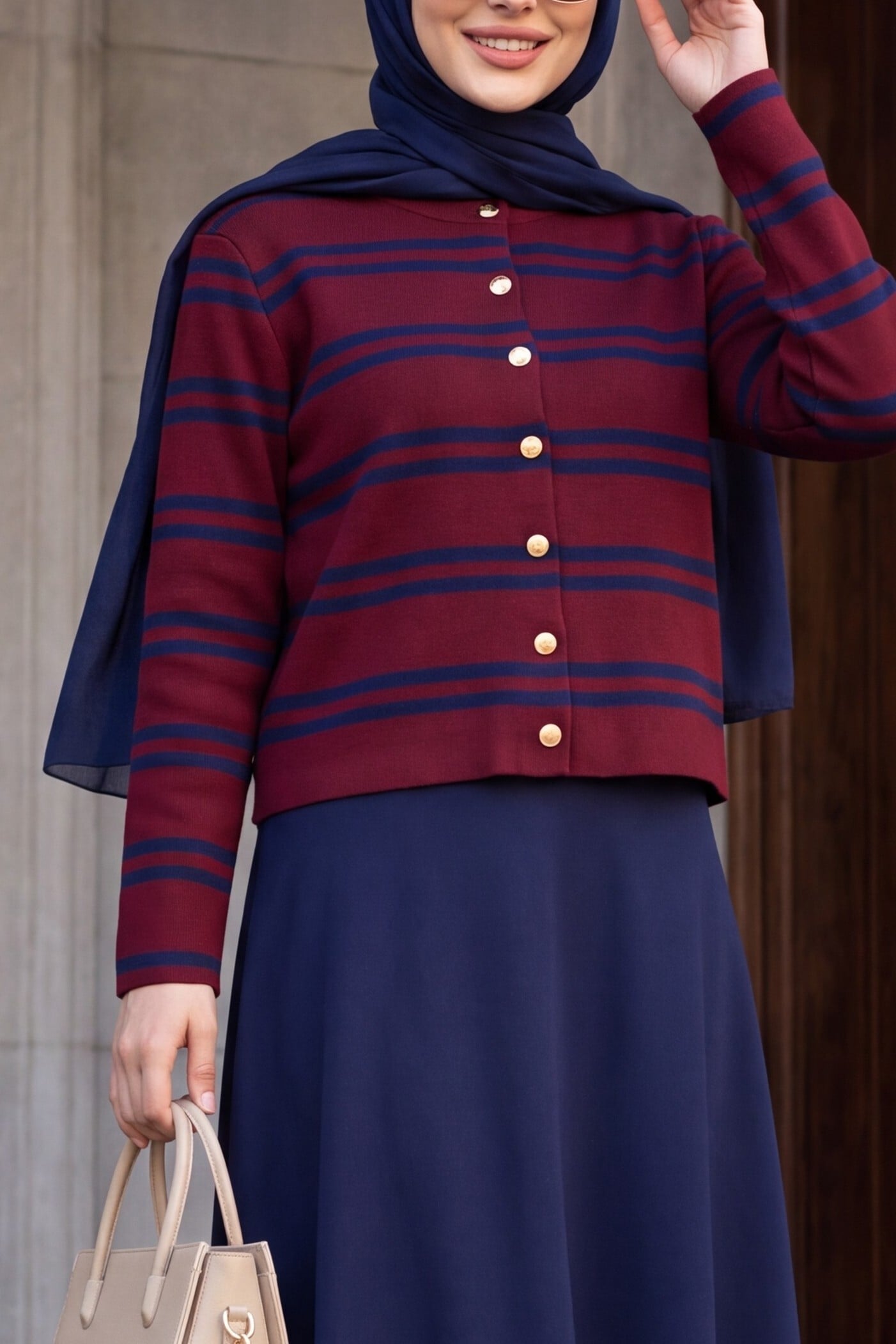 Striped Knit Cardigan with Shiny Buttons - Burgundy - Podyumplus - by Peralane