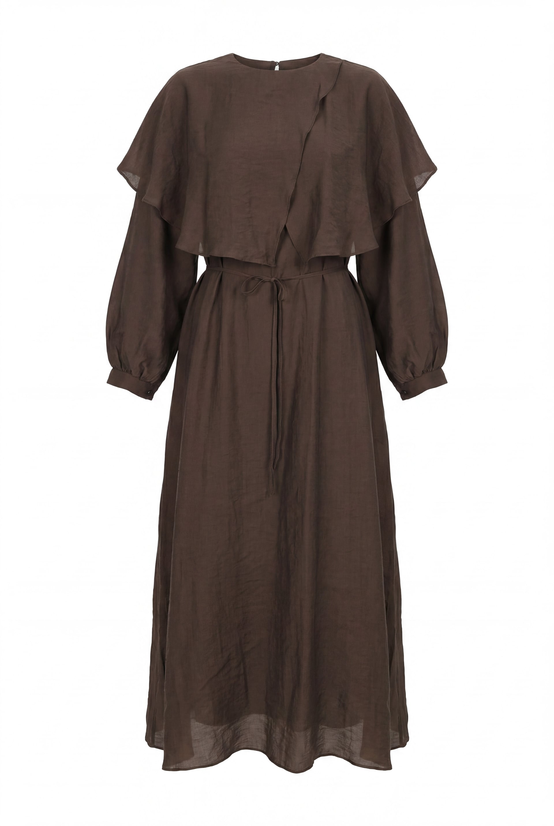 Cape Collar Lined Belted Tulle Modal Dress - Brown - Podyumplus - by Peralane - photo 5