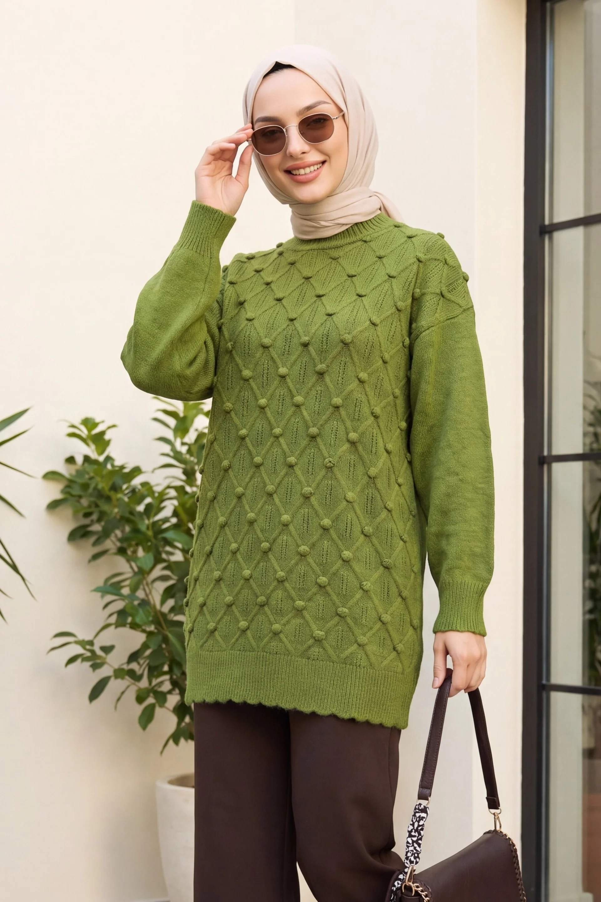 Relaxed Checkered Knit Tunic with Bicycle Neckline and Pom Poms - Khaki - Podyumplus - by Peralane - photo 2
