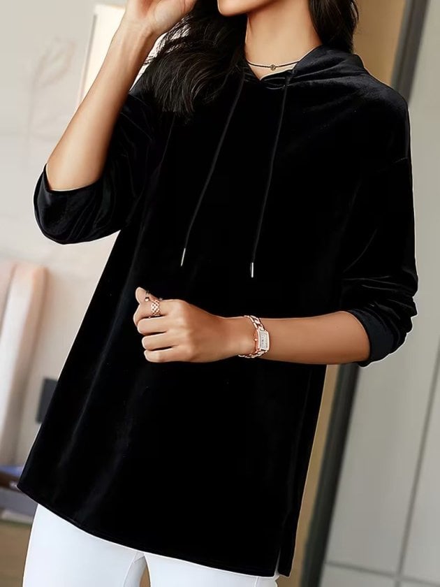 Women's Long-Sleeved Hooded Drawstring Velvet Long Blouse - Janes - by Peralane