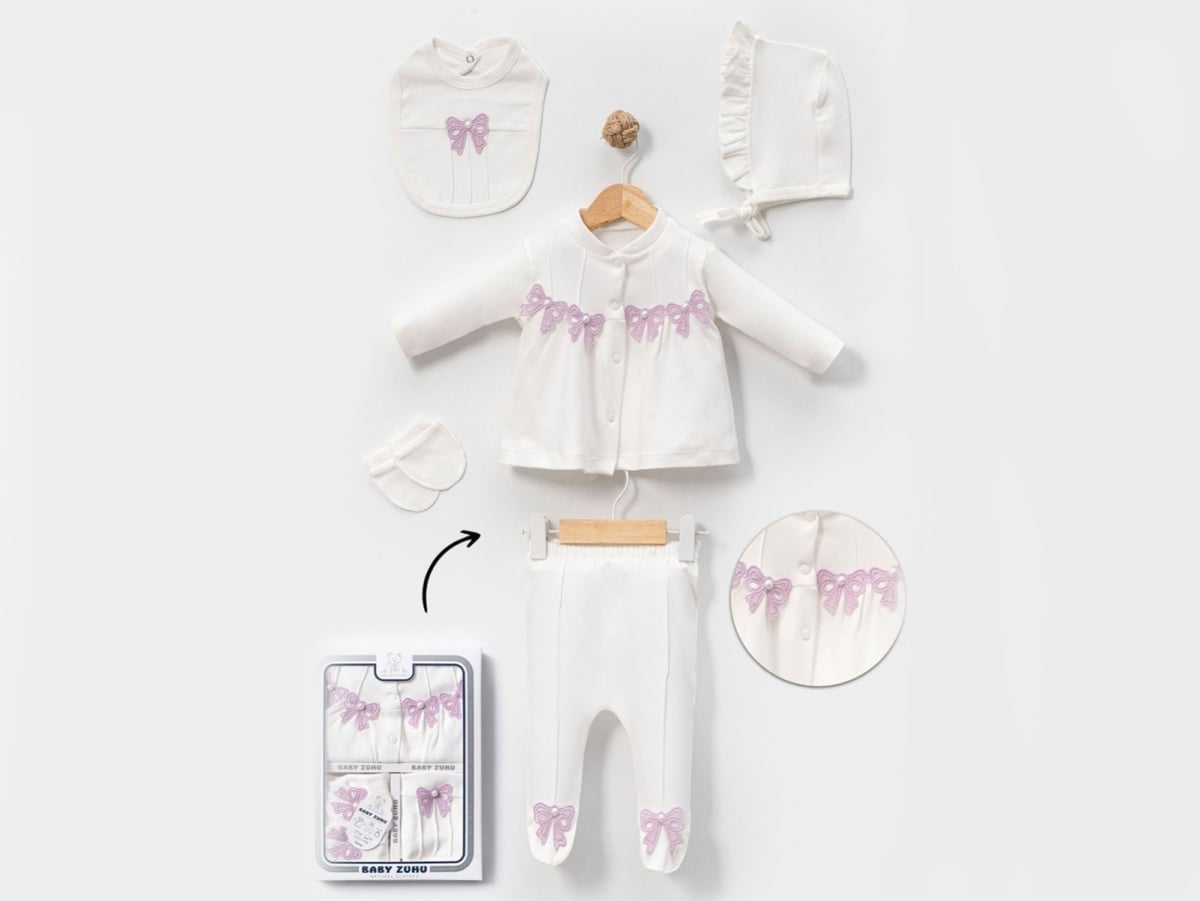 Lavender Bow Detail 5-Piece Newborn Girl Hospital Exit Set - Baby Zuhu - by Peralane