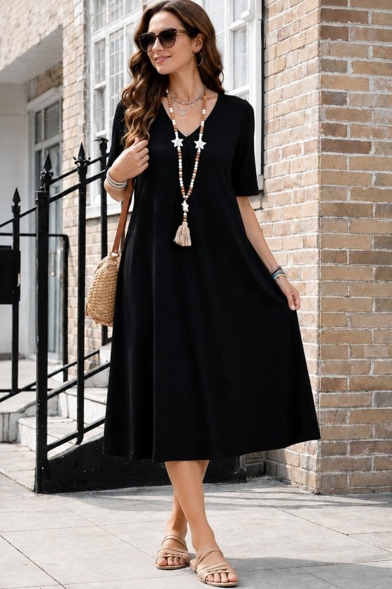 Women's Short-Sleeve V-Neck Midi Viscose Dress with Pockets - Janes - by Peralane