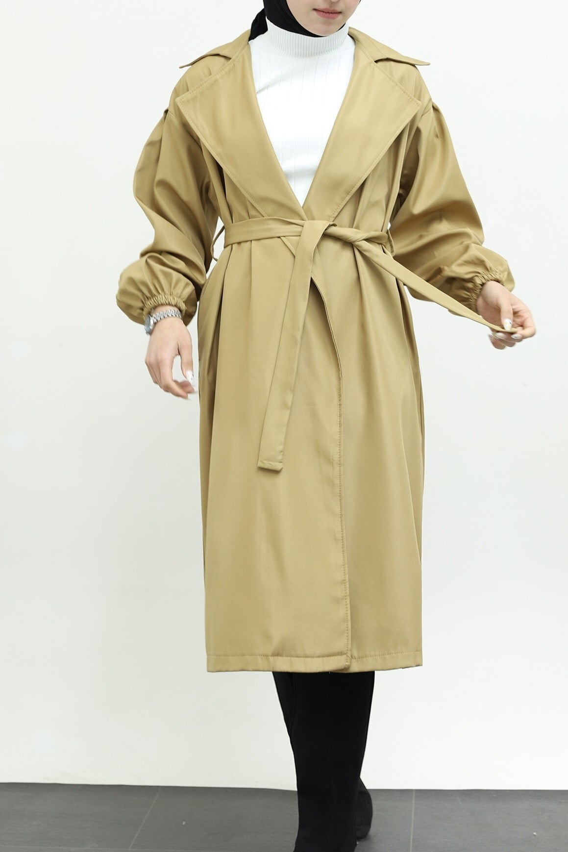 Camel Belted Double-Pocket Trench Coat for Women - Podyumplus - by Peralane