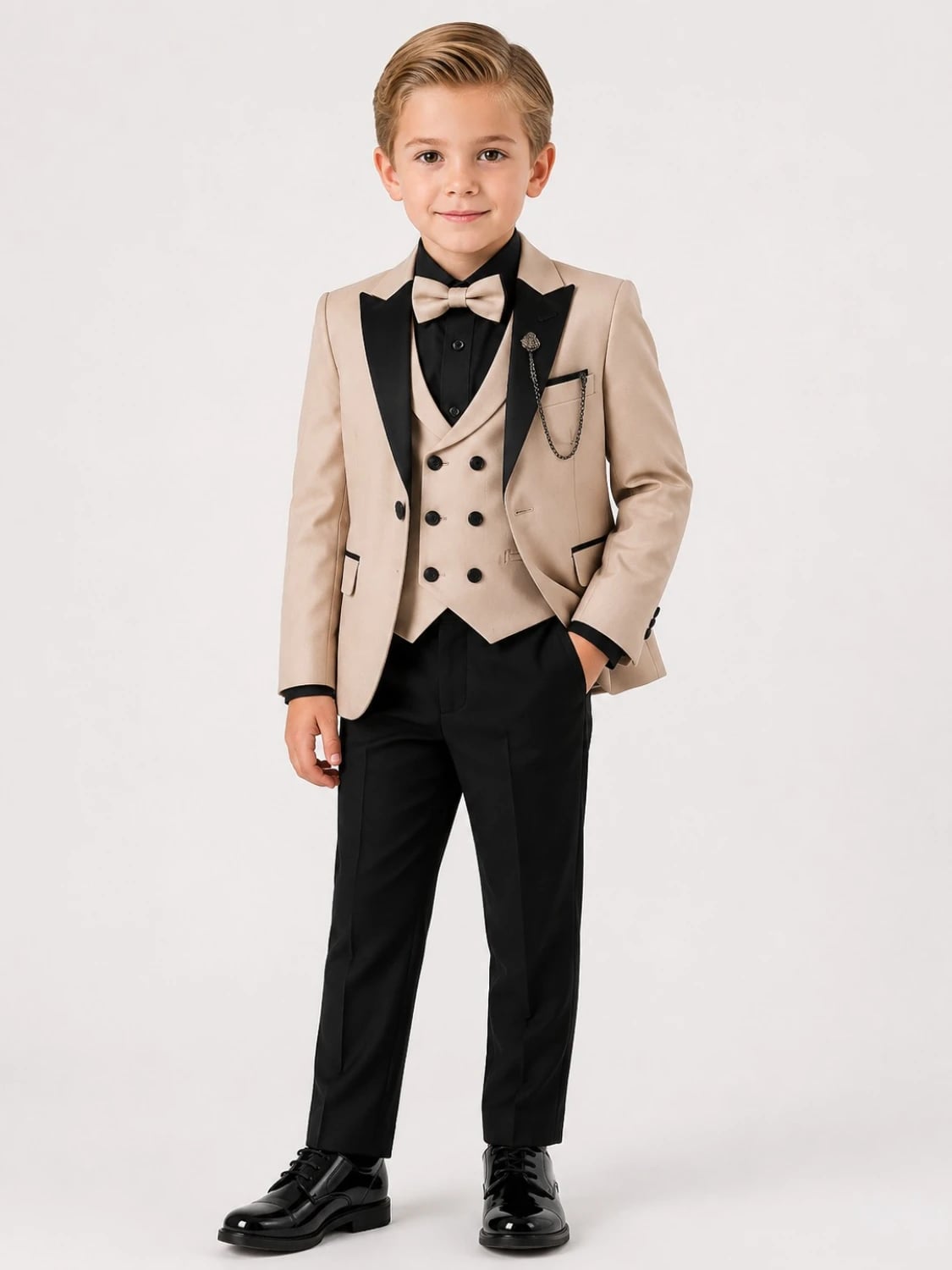 Boys' Beige Tuxedo Suit Set with Jacket - Terry - by Peralane