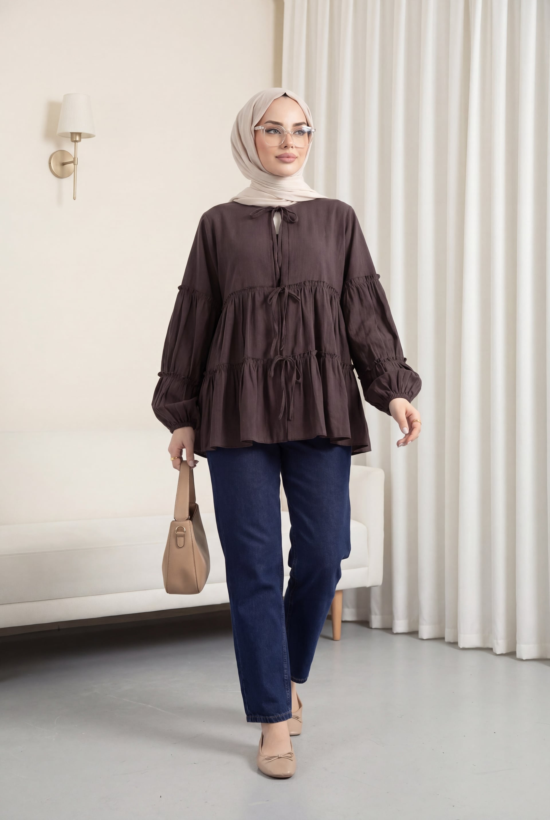 Brown Tie-Front Layered Modal Blouse with Elastic Cuffs - Podyumplus - by Peralane - photo 2