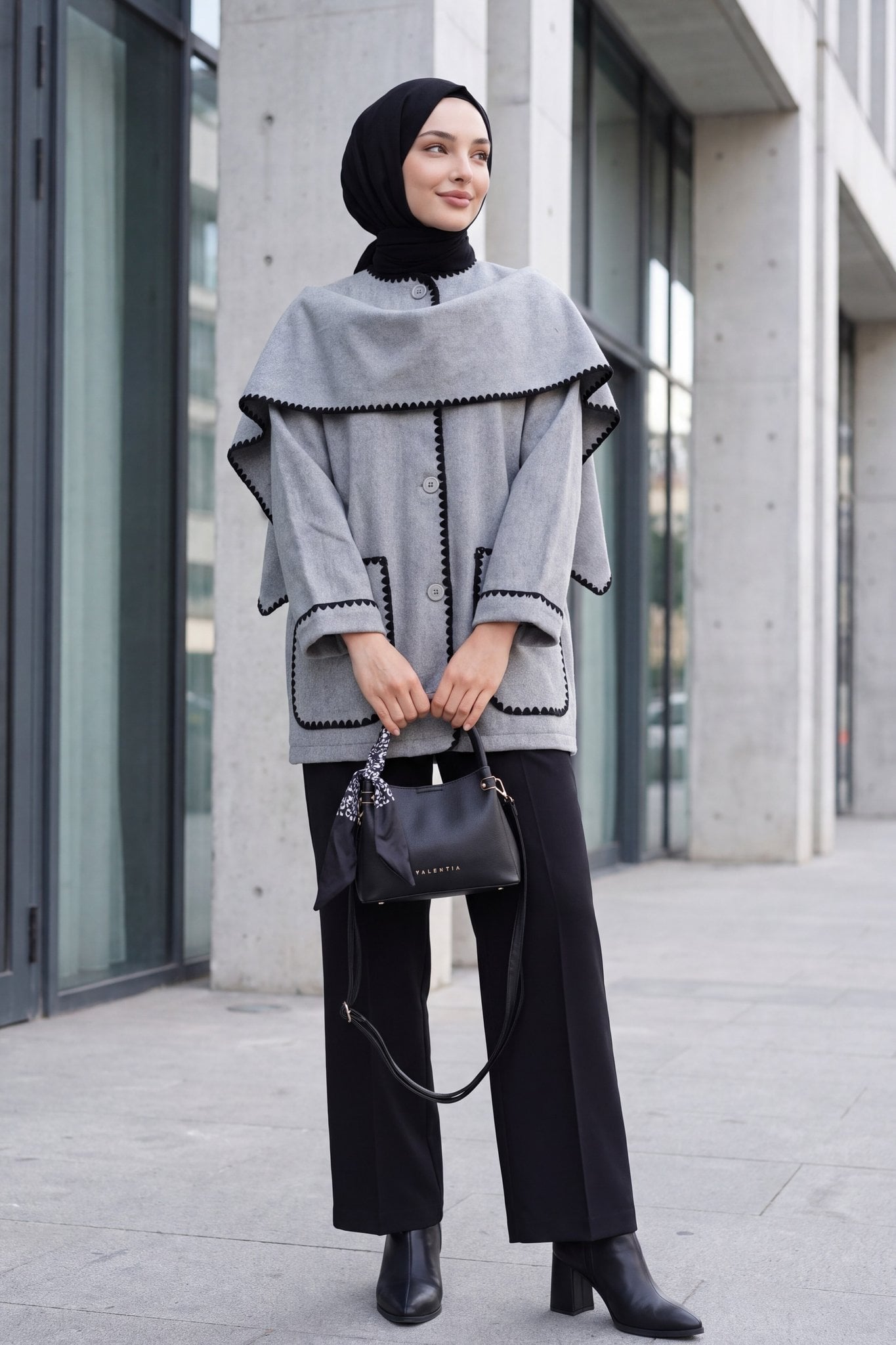 Button-Front Scarf-Collar Pocket Jacket - Smoke - Podyumplus - by Peralane - photo 4