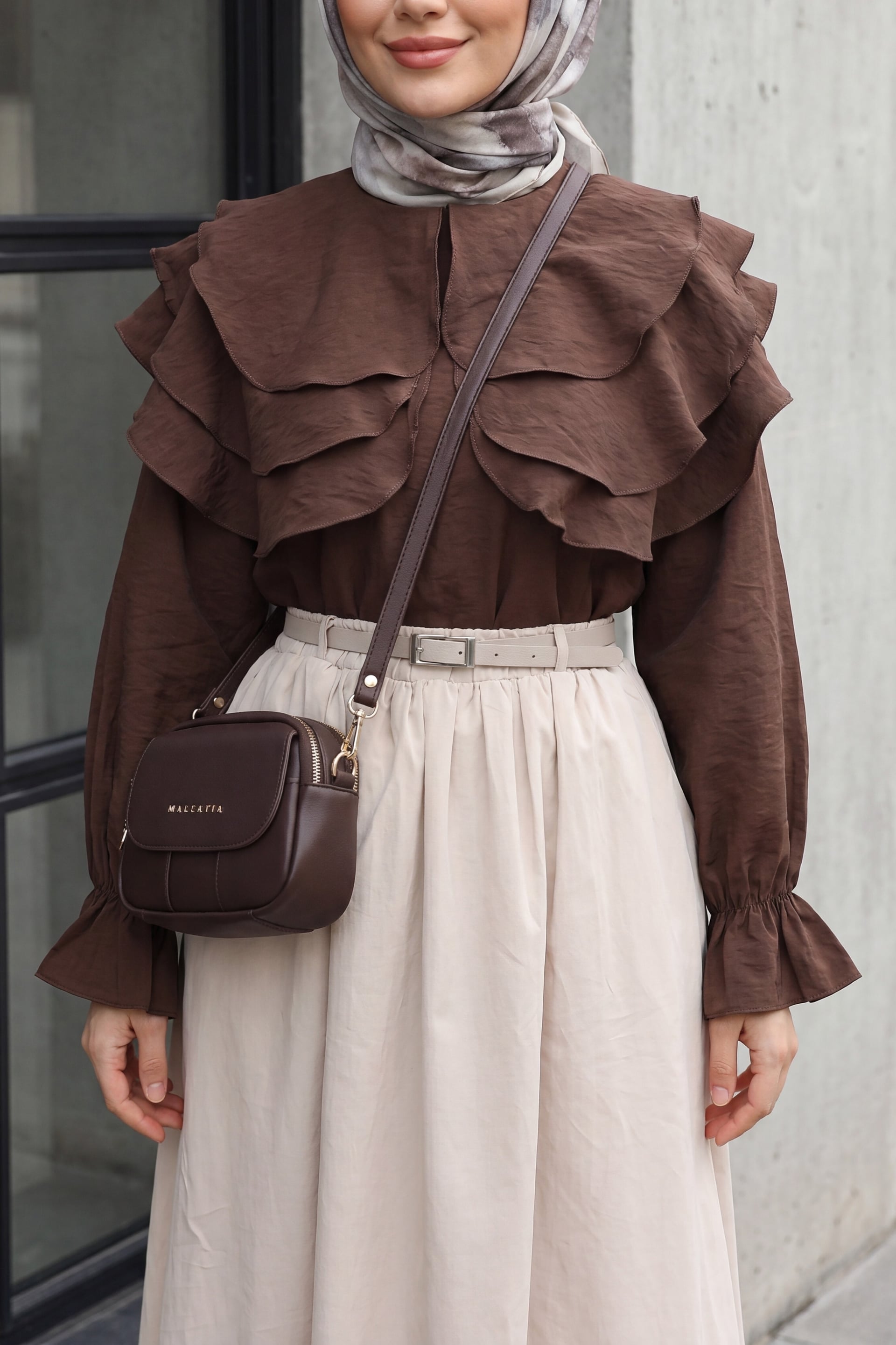 Ruffled Baby Collar Long Sleeve Modal Blouse - Dark Brown - Podyumplus - by Peralane - photo 3