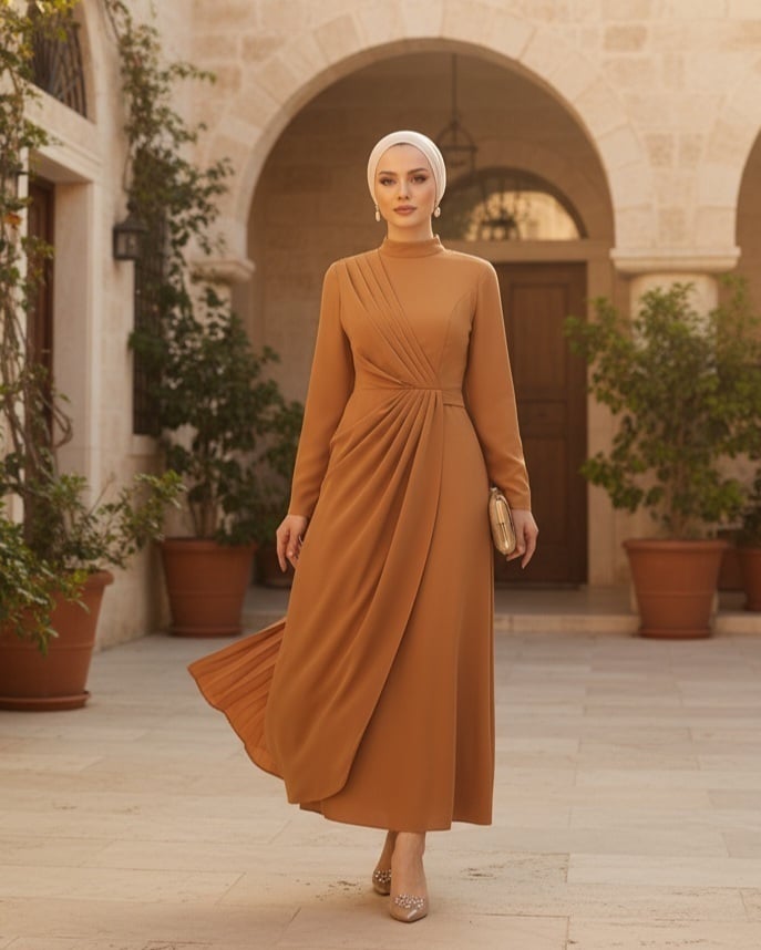Draped Modest Dress with High Neck - Caramel Brown - Podyumplus - by Peralane