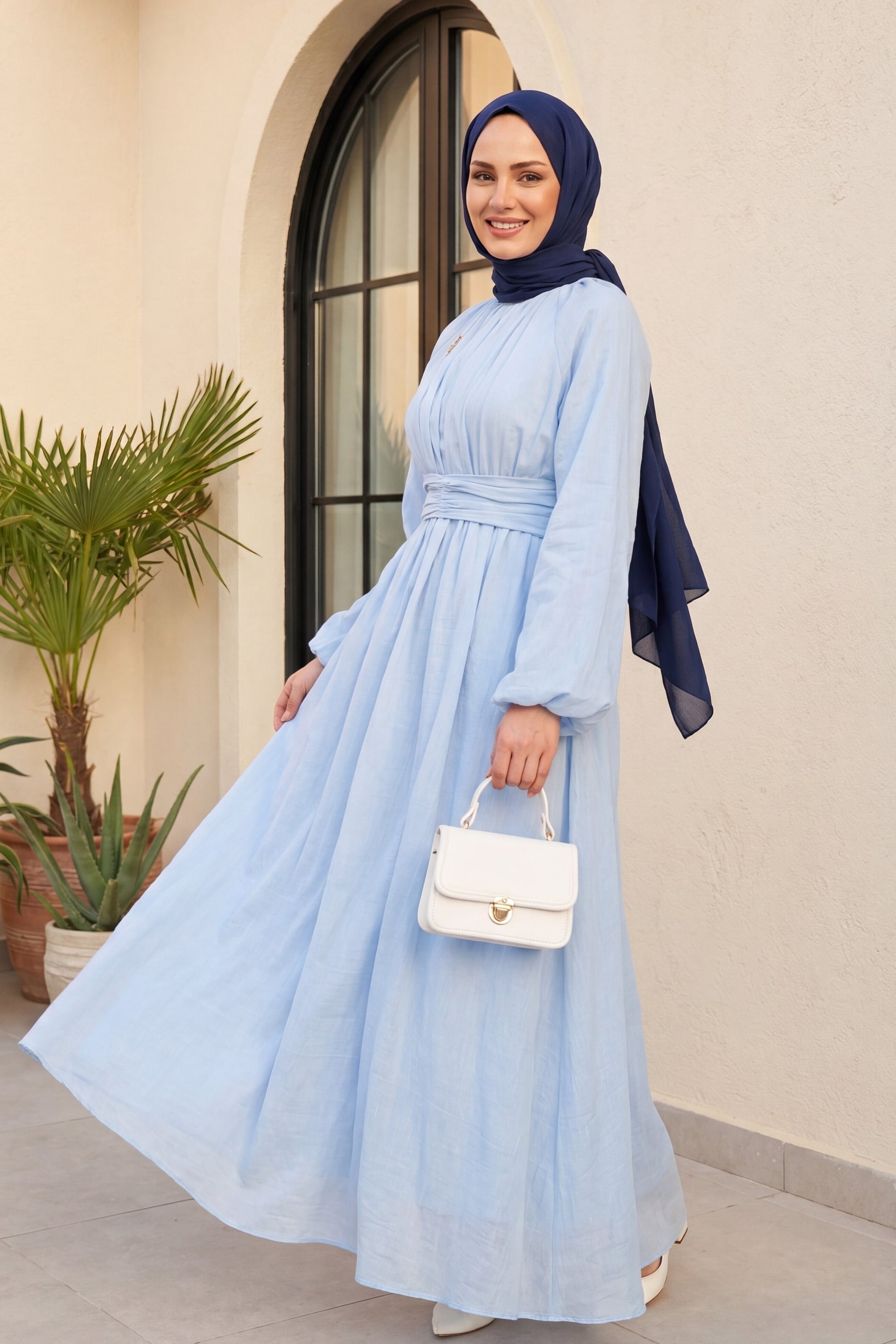 Linen Look Belted Long Sleeve Maxi Dress with Brooch - Baby Blue - Podyumplus - by Peralane