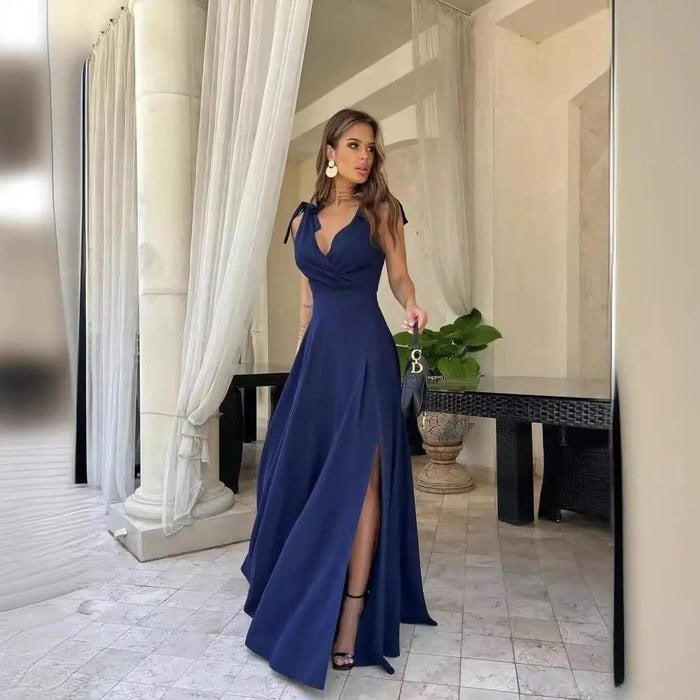 Women's Navy Blue Tie-Shoulder Crepe Dress with Deep V-Neck and Side Slit - Janes - by Peralane