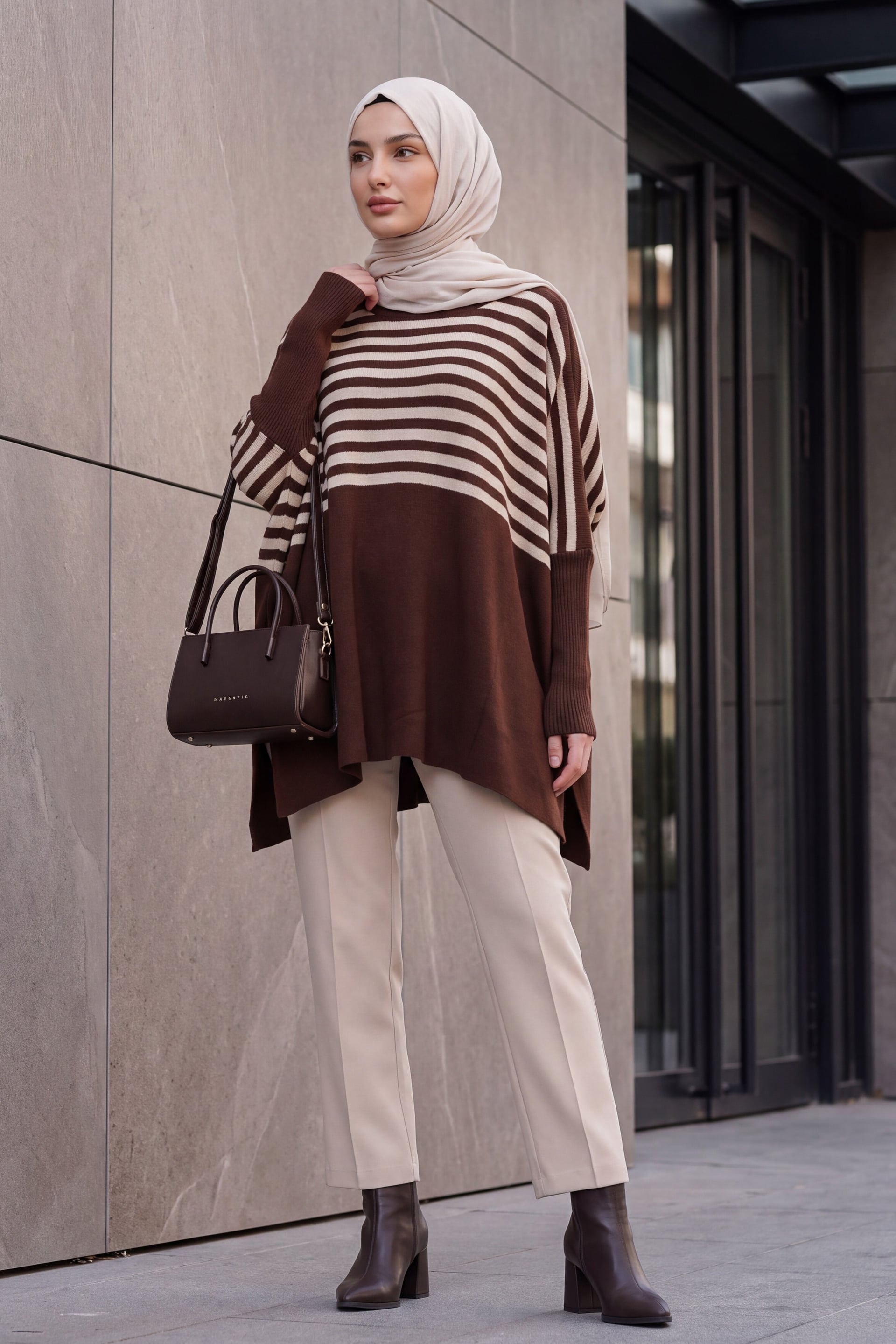 Side Slit Oversized Poncho Knit Sweater - Brown - Wholeskop - by Peralane - photo 3
