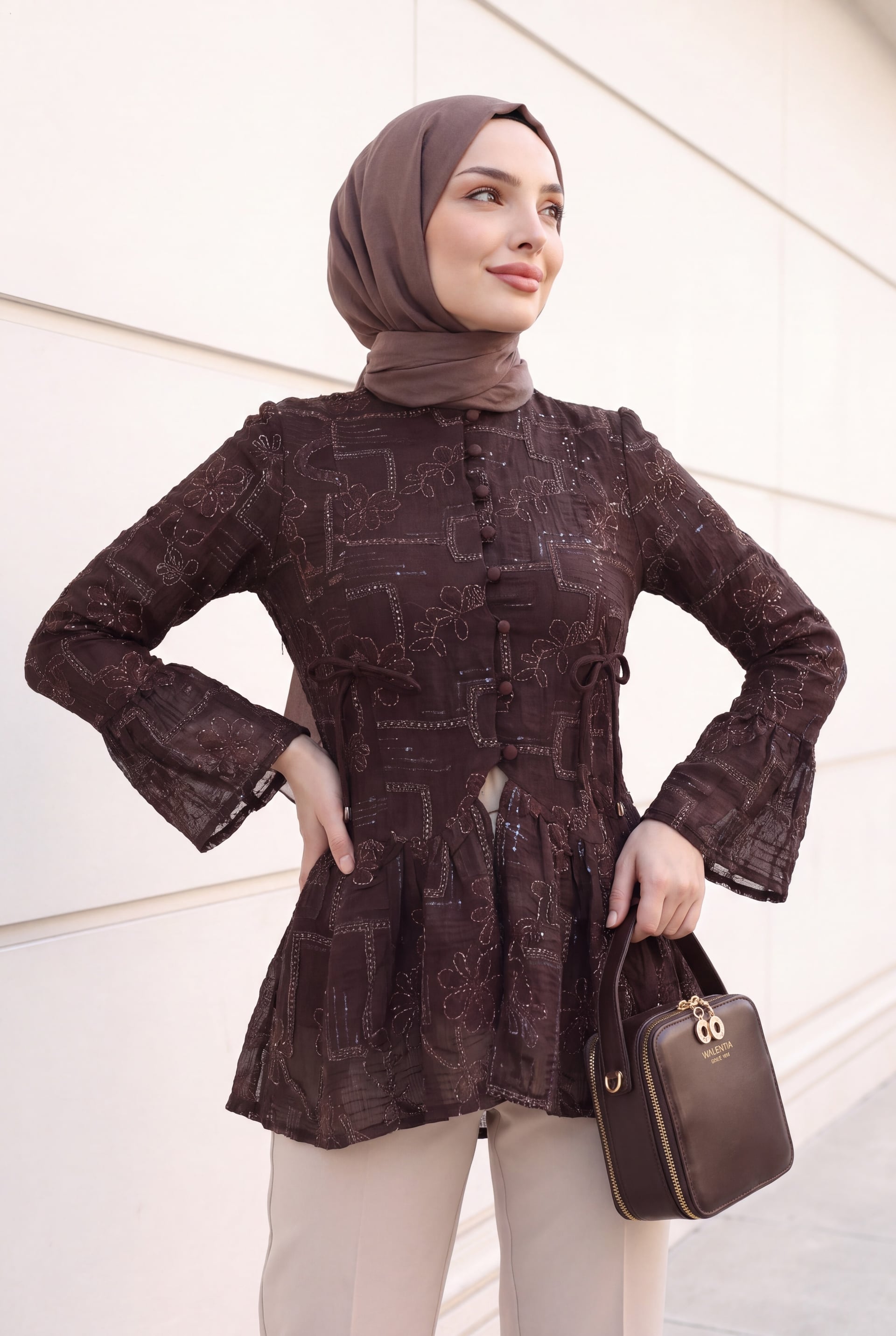 Dark Purple High Neck Button Front Lined Frilled Poliviscose Tunic - Podyumplus - by Peralane