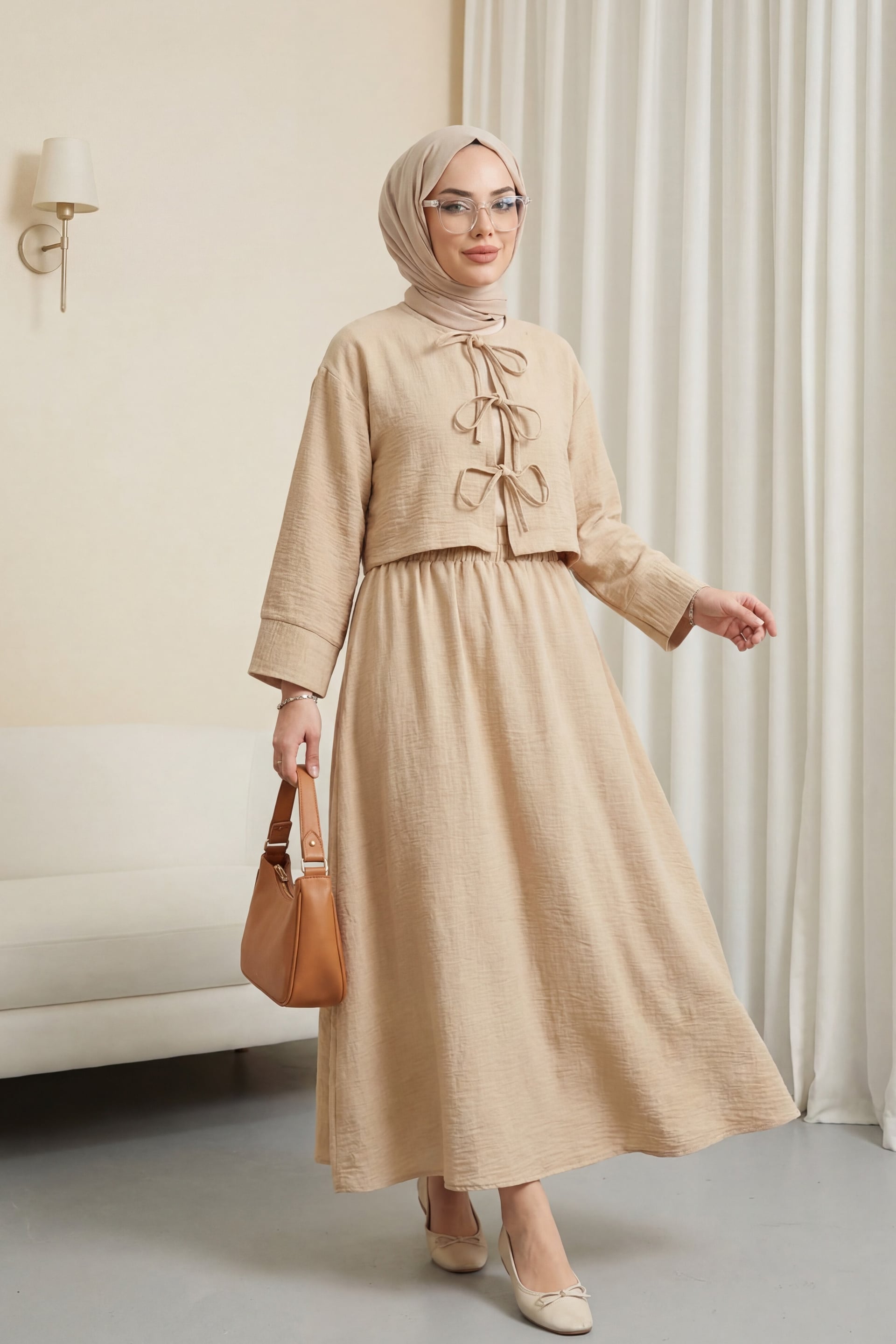 Women's Linen Look Two-Piece Set with Tie Front and Elastic Waist - Beige - Podyumplus - by Peralane - photo 4
