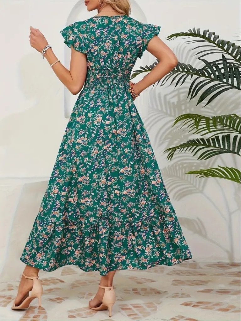 Women's Short Sleeve V-Neck Smocked Waist Floral Midi Dress - Janes - by Peralane - photo 4