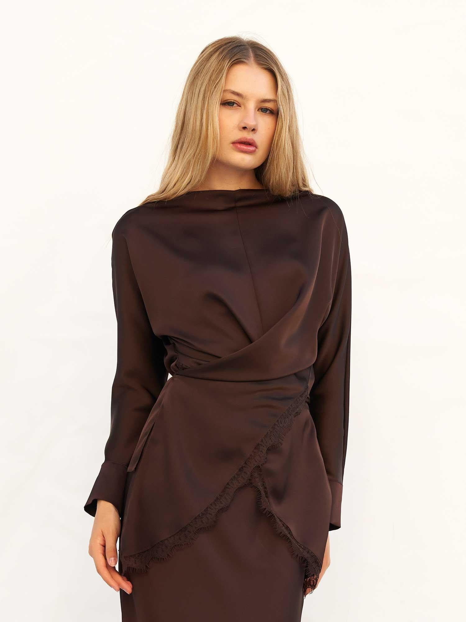 Long Sleeve Satin Dress with Lace Trim Skirt - Lefon - by Peralane - photo 2