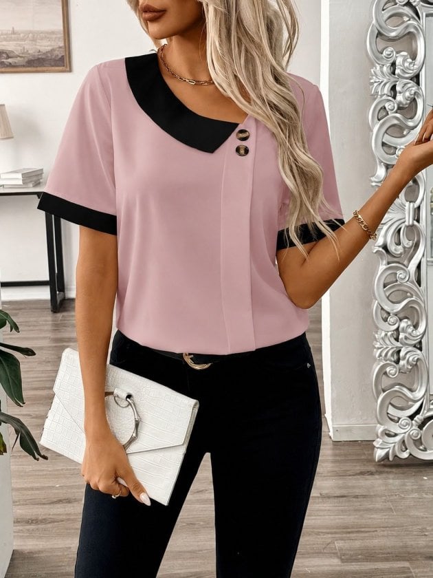 Women's Short Sleeve Asymmetric Collar Button Detail Blouse - Pink - Janes - by Peralane - photo 3