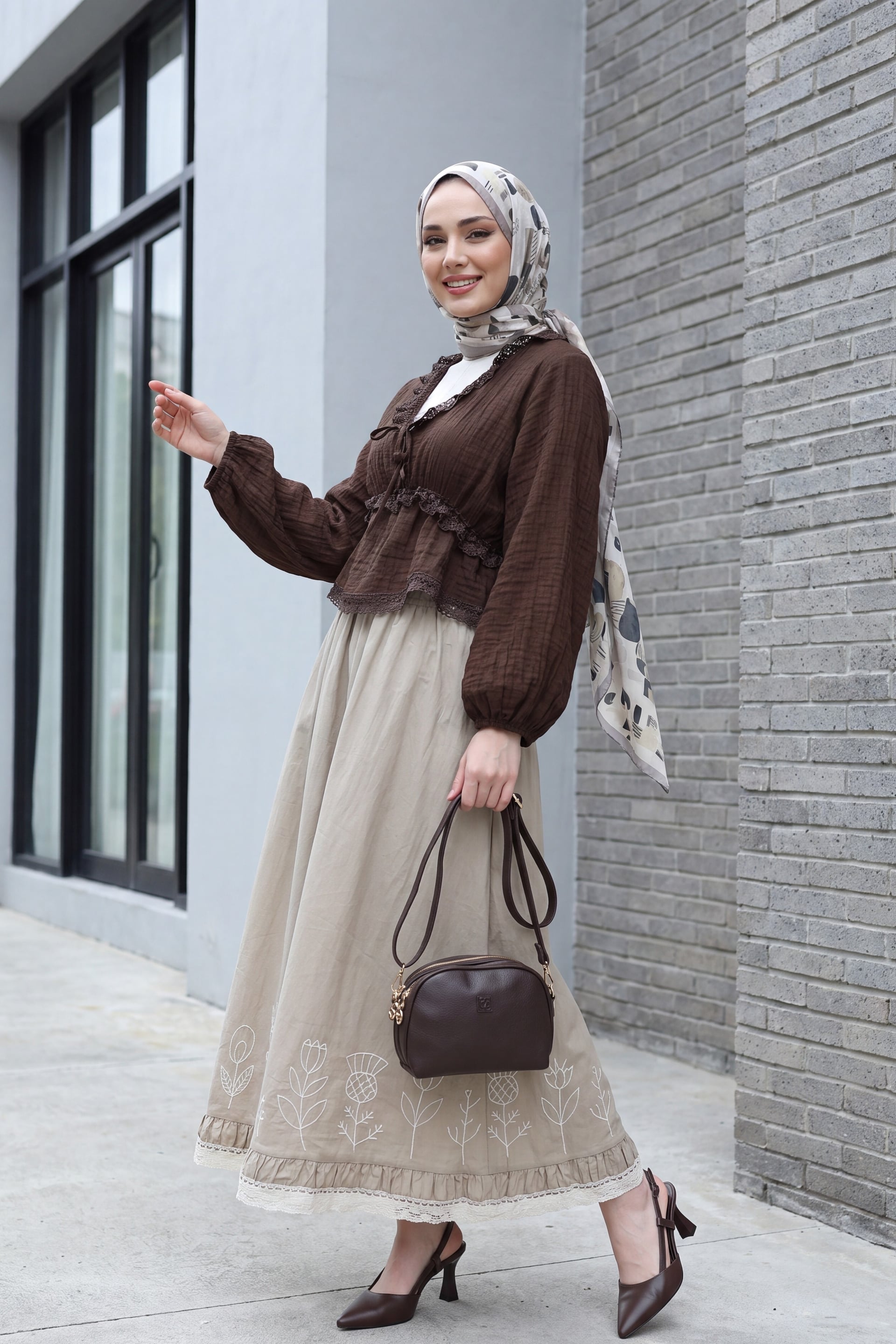 Brown Lace Trim Balloon Sleeve Wrap Blouse - Podyumplus - by Peralane - photo 4