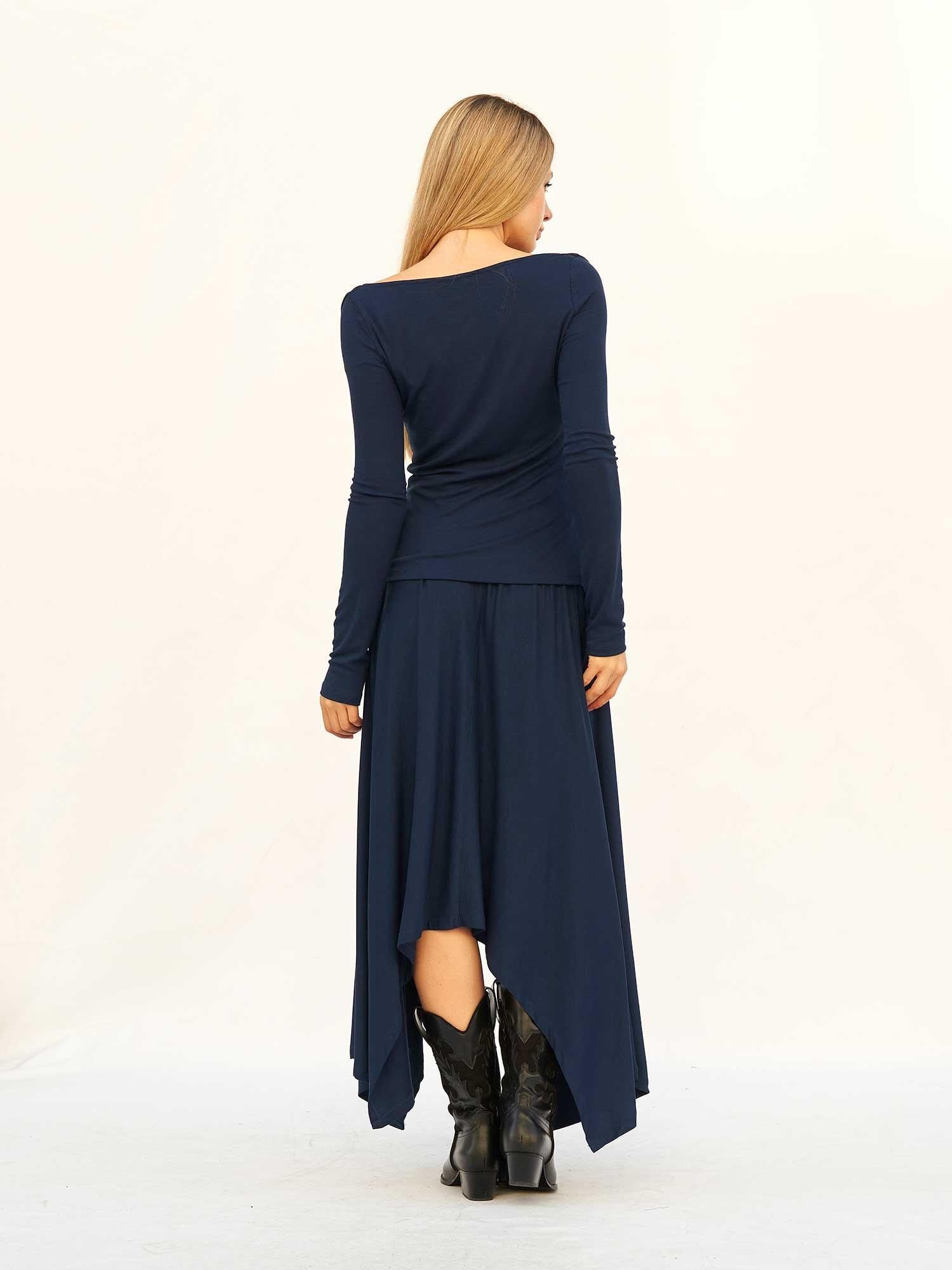 Navy Blue Cowl Neck Top and Asymmetric Midi Skirt Knit Set - Lefon - by Peralane - photo 3