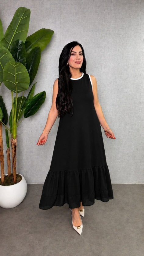 Women's Sleeveless Round Neck Midi Dress with Chiffon Hem - Black - Janes - by Peralane
